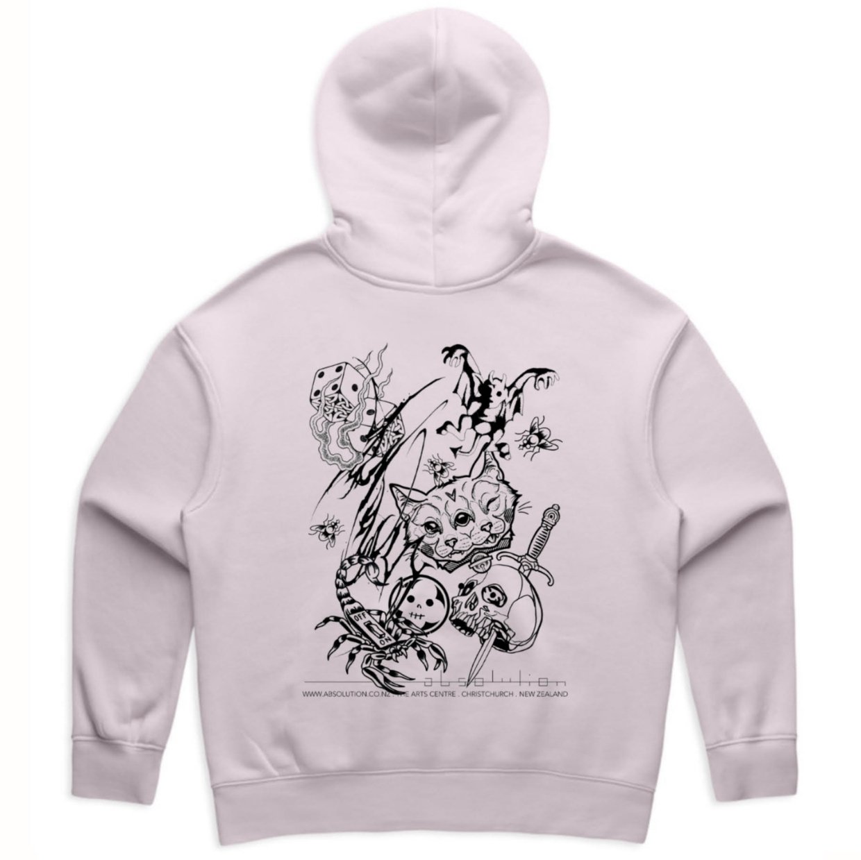 back half of absolution full fit hoodie with graphic print from resident tattoo artists in the studio