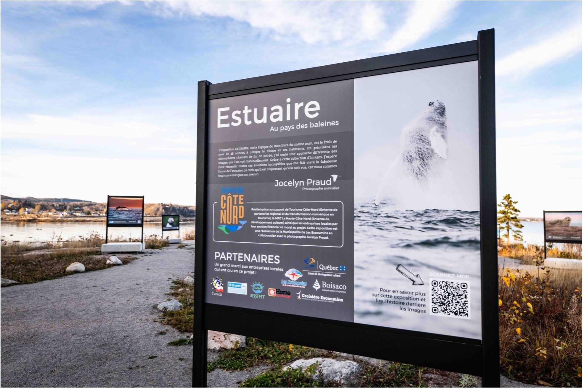exposition extérieure estuaire aux escoumins par lartiste jocelyn praud sur des panneaux grands formats fournis par artpublix
