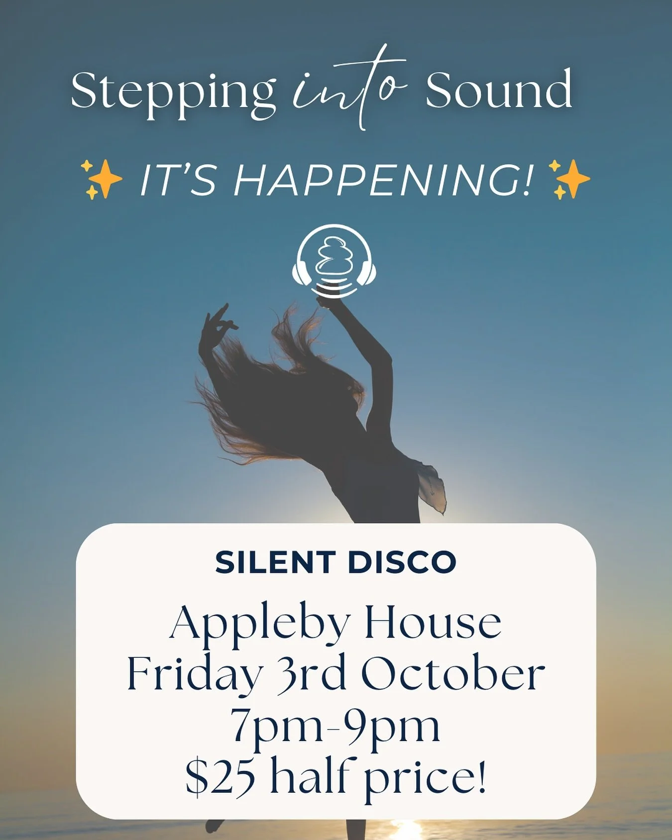 ✨ It&rsquo;s happening! ✨

The very first Stepping Into Sound Silent Disco is here 🎧💃
Appleby House
Friday 3rd October
7pm-9pm

To celebrate the launch, tickets are just $25 (half price!) 🎉

This isn&rsquo;t just a dance.
It&rsquo;s a chance to:
?