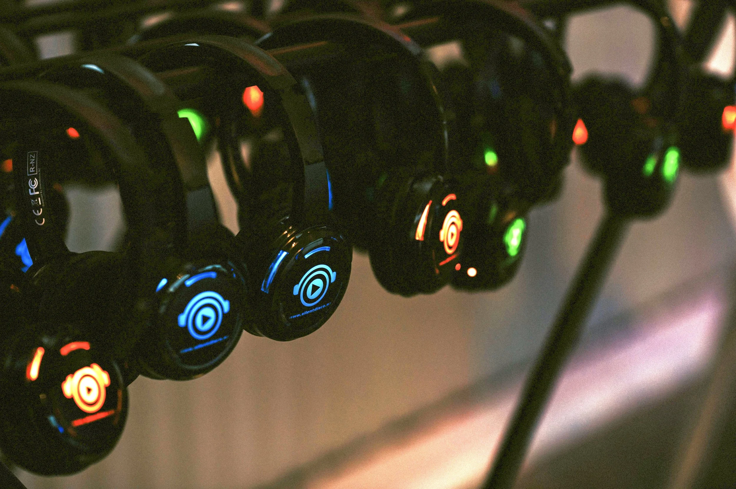 Wireless headphones prepared for participants in a sound-based event