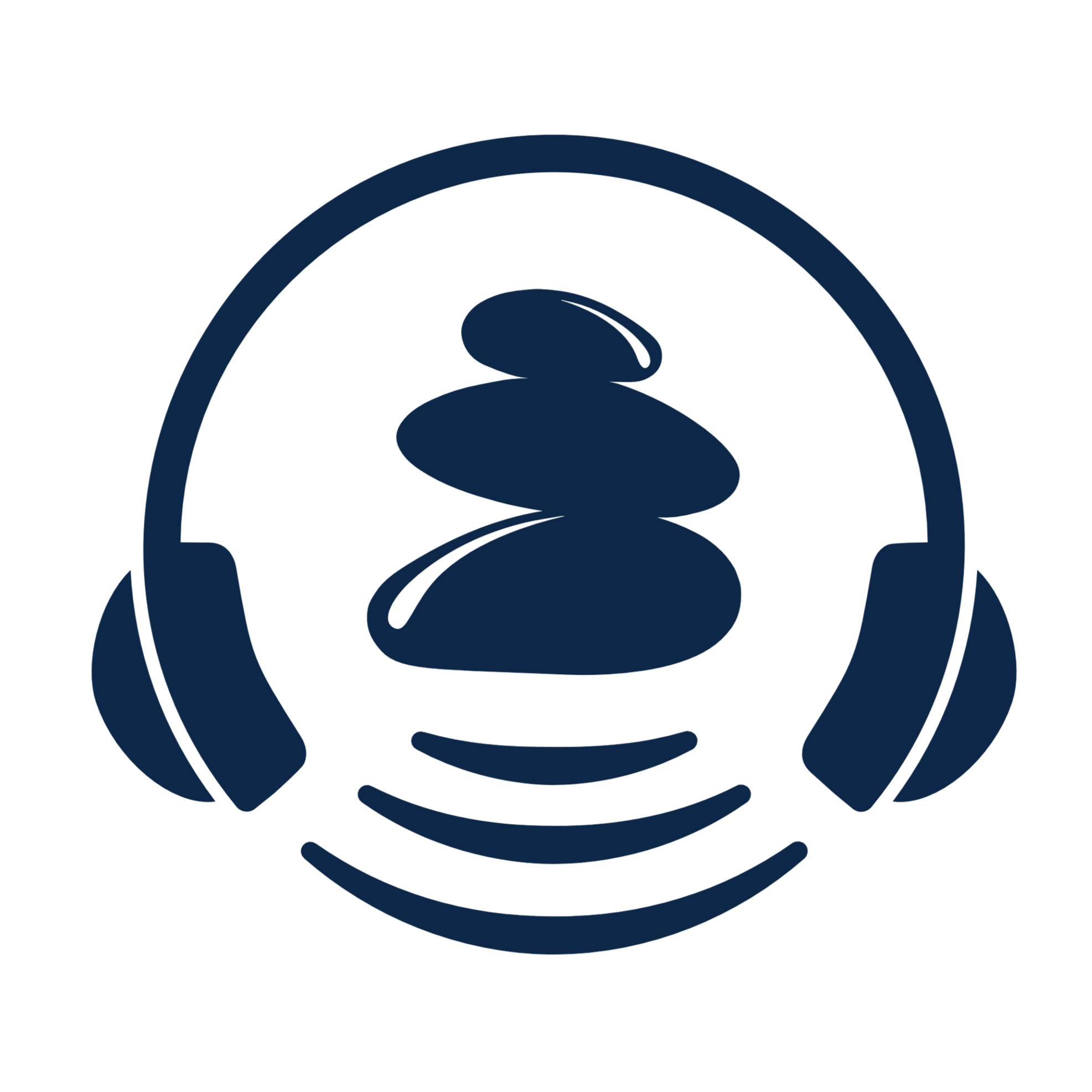 Logo featuring stacked stones with water ripples and a pair of headphones around them, symbolizing relaxation and audio therapy.