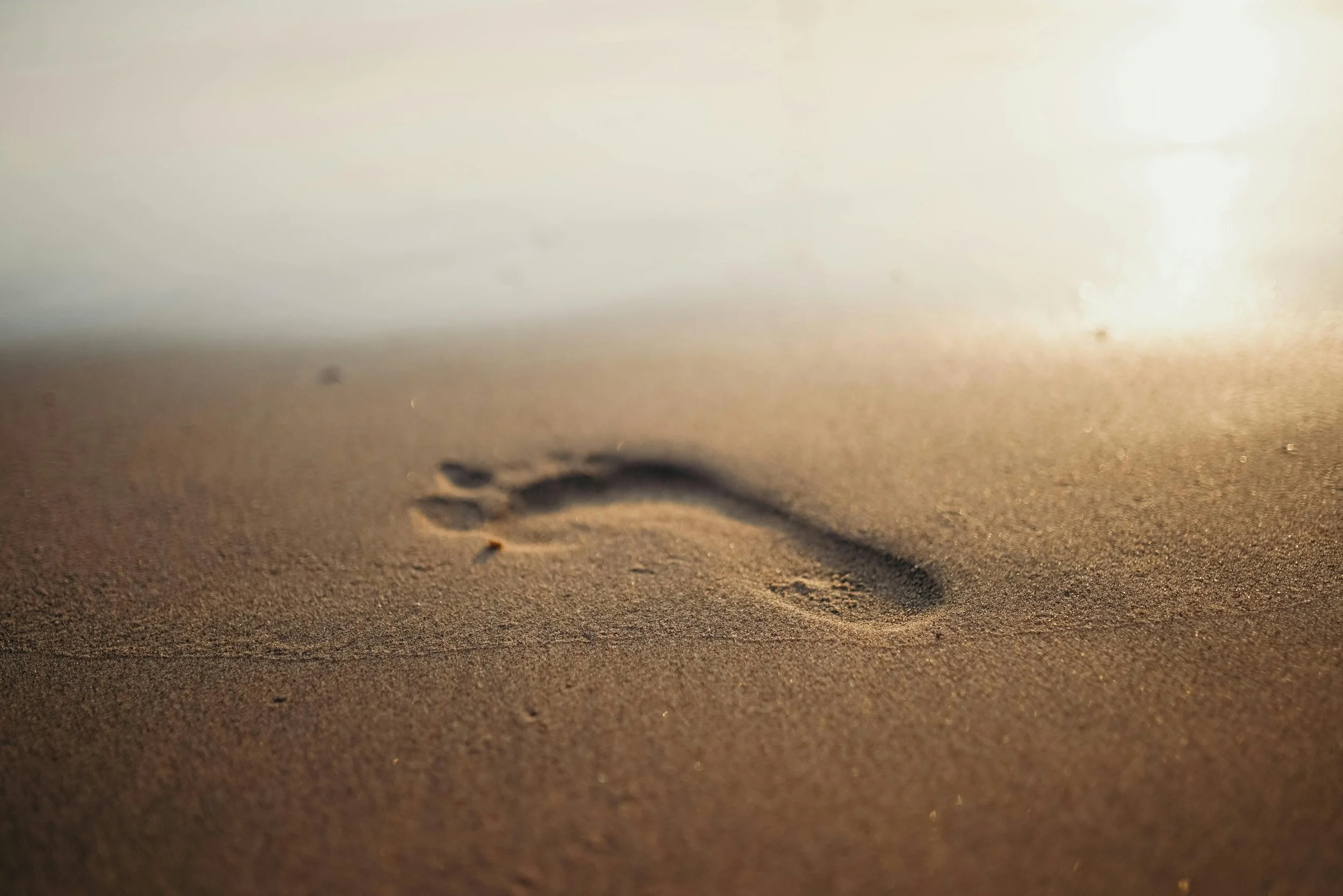 Single footprint in the sand on a quiet beach, symbolising mindful steps in yoga therapy in Nelson