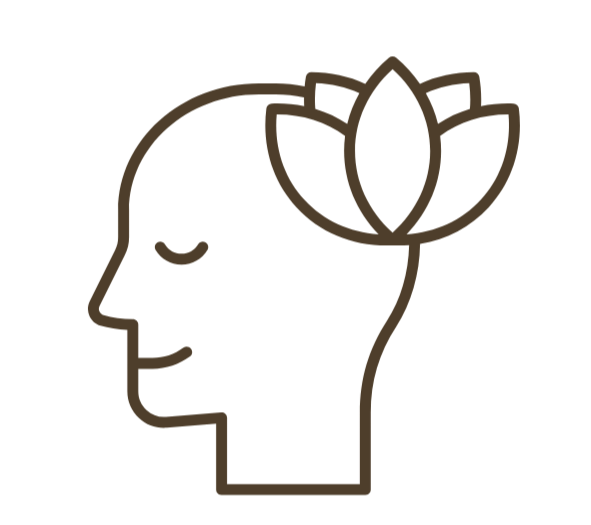 A line drawing of a person's profile with closed eyes and a calm expression, with three lotus flowers sprouting from the top of their head.