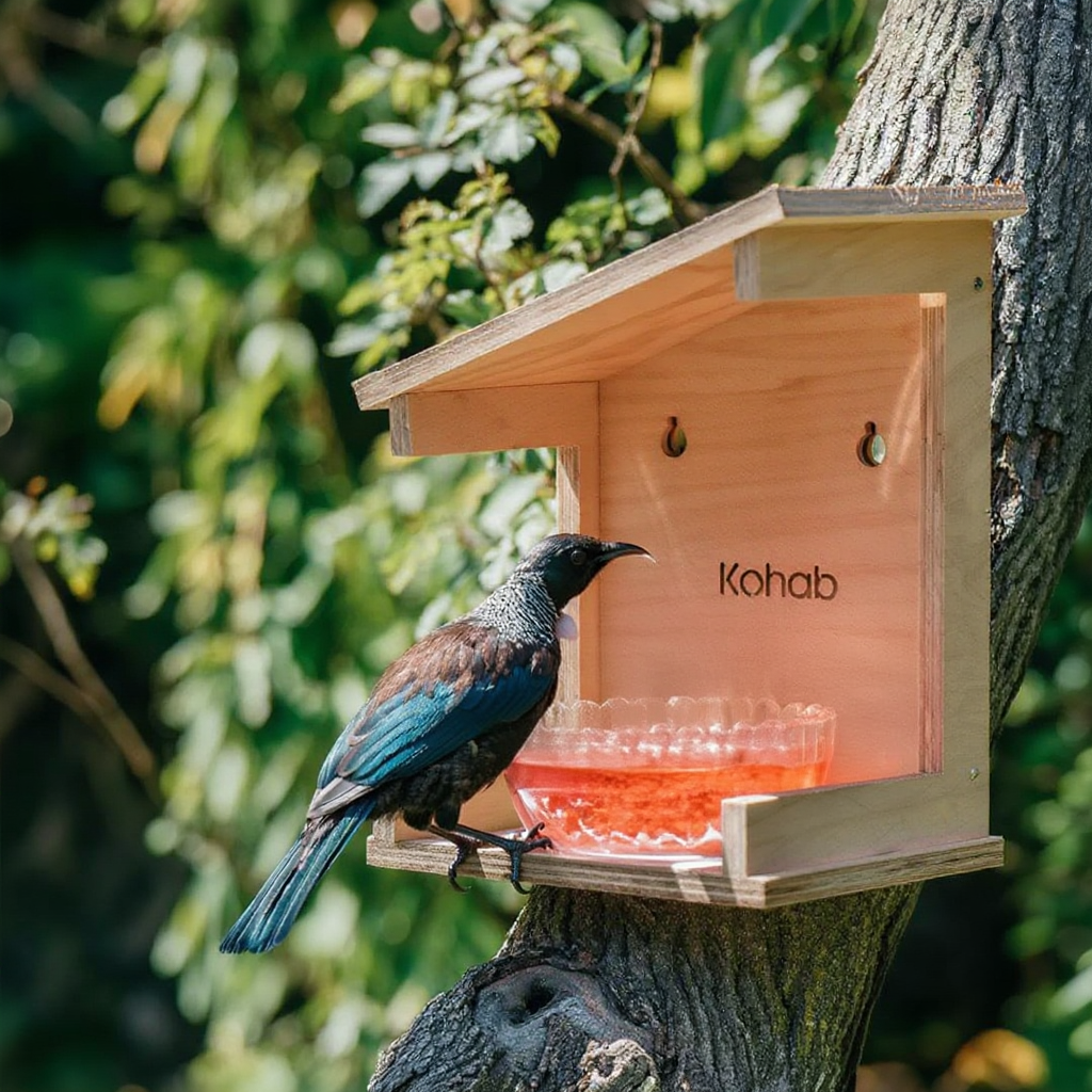 Tūī feeding from nectar feeder