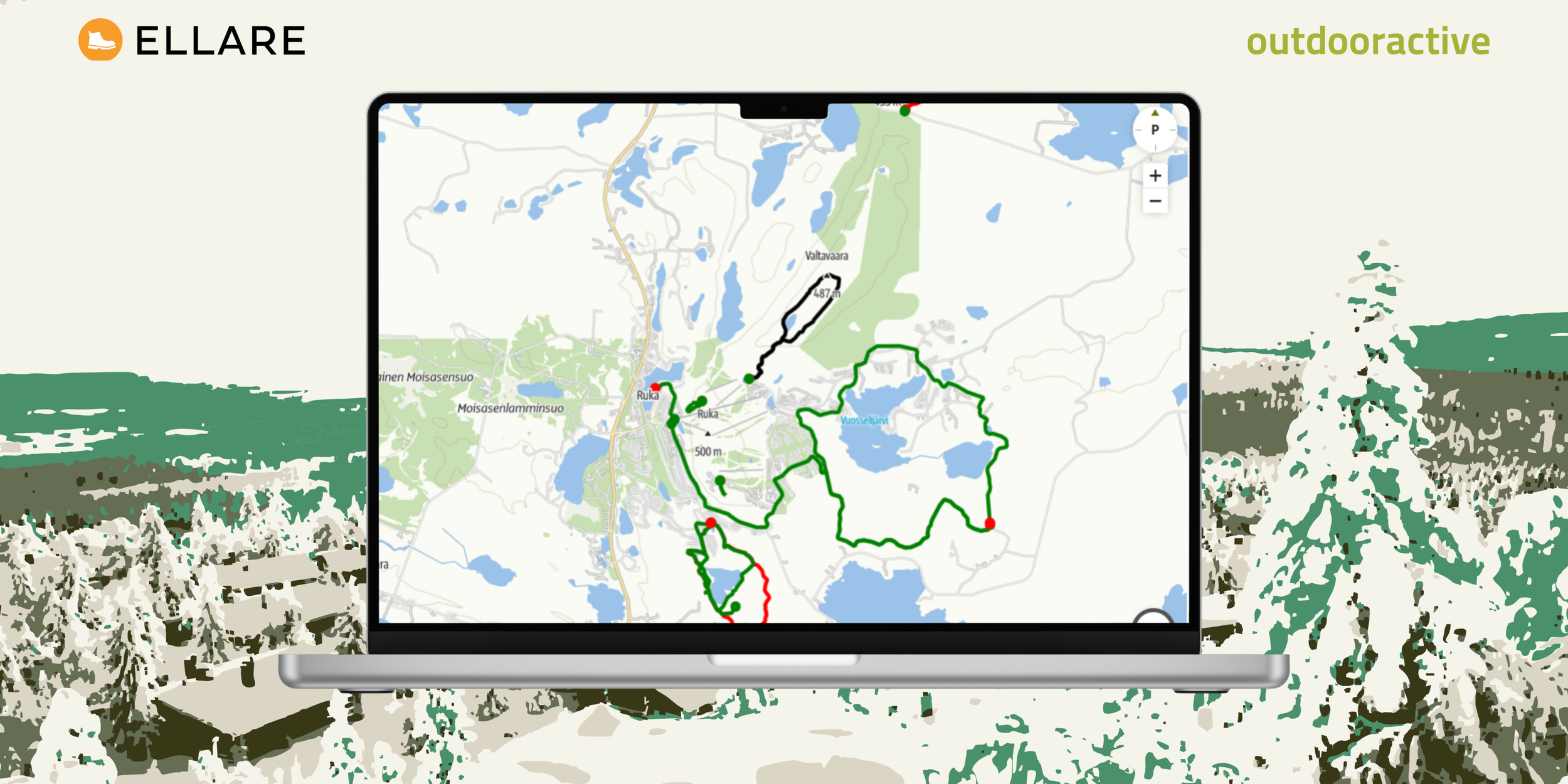Selkeä karttanäkymä helpottaa reittien hahmottamista: Case Ruka-Kuusamo