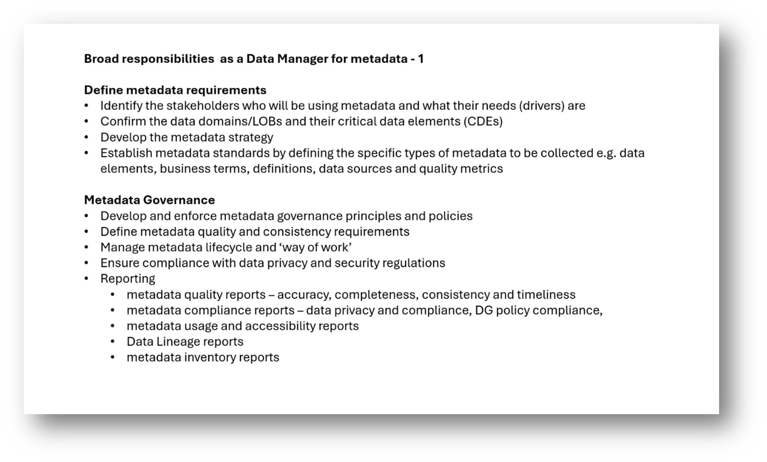 Responsibilities of Data Managers for Metadata