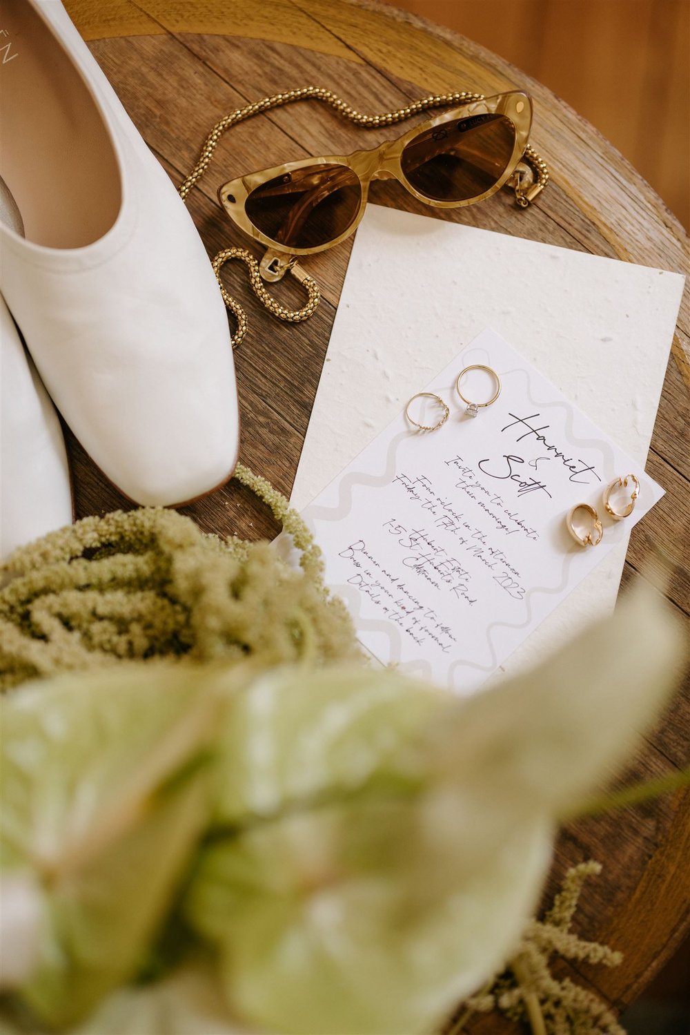  Sartorial style and bride’s details on her wedding day. Essen The Label ballet slippers, Lucy Folk Sunglasses and rings by Sarah and Sebastien 