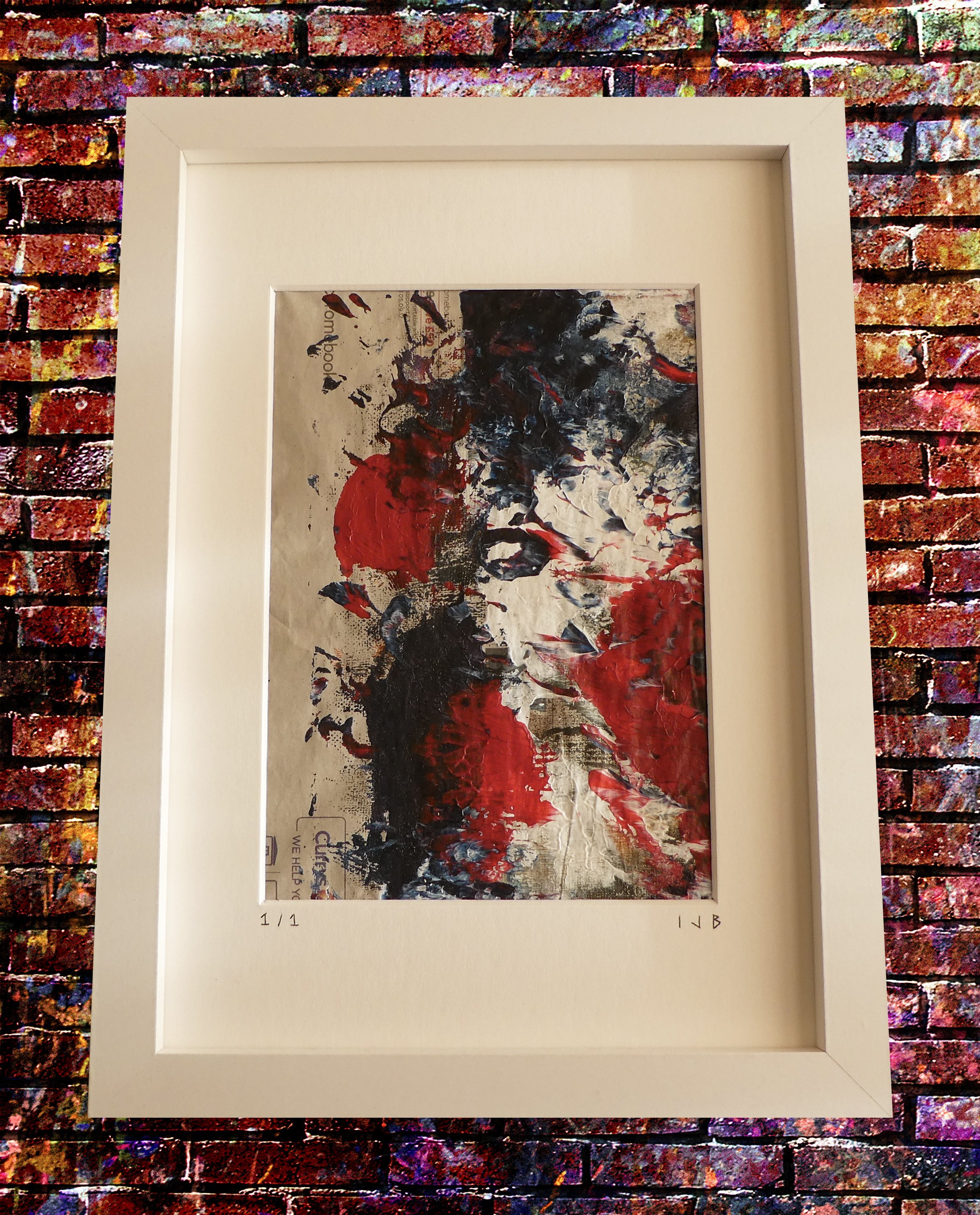 Media Blackout Two: White framed window mounted abstract acrylic painting on newsprint, Limited Edition 1 / 1