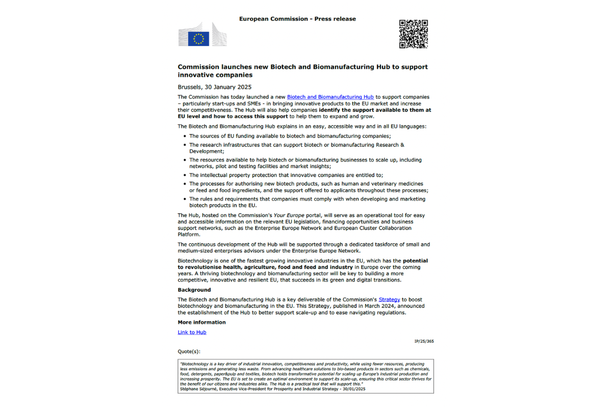 New EU Biotech &amp; Biomanufacturing Hub