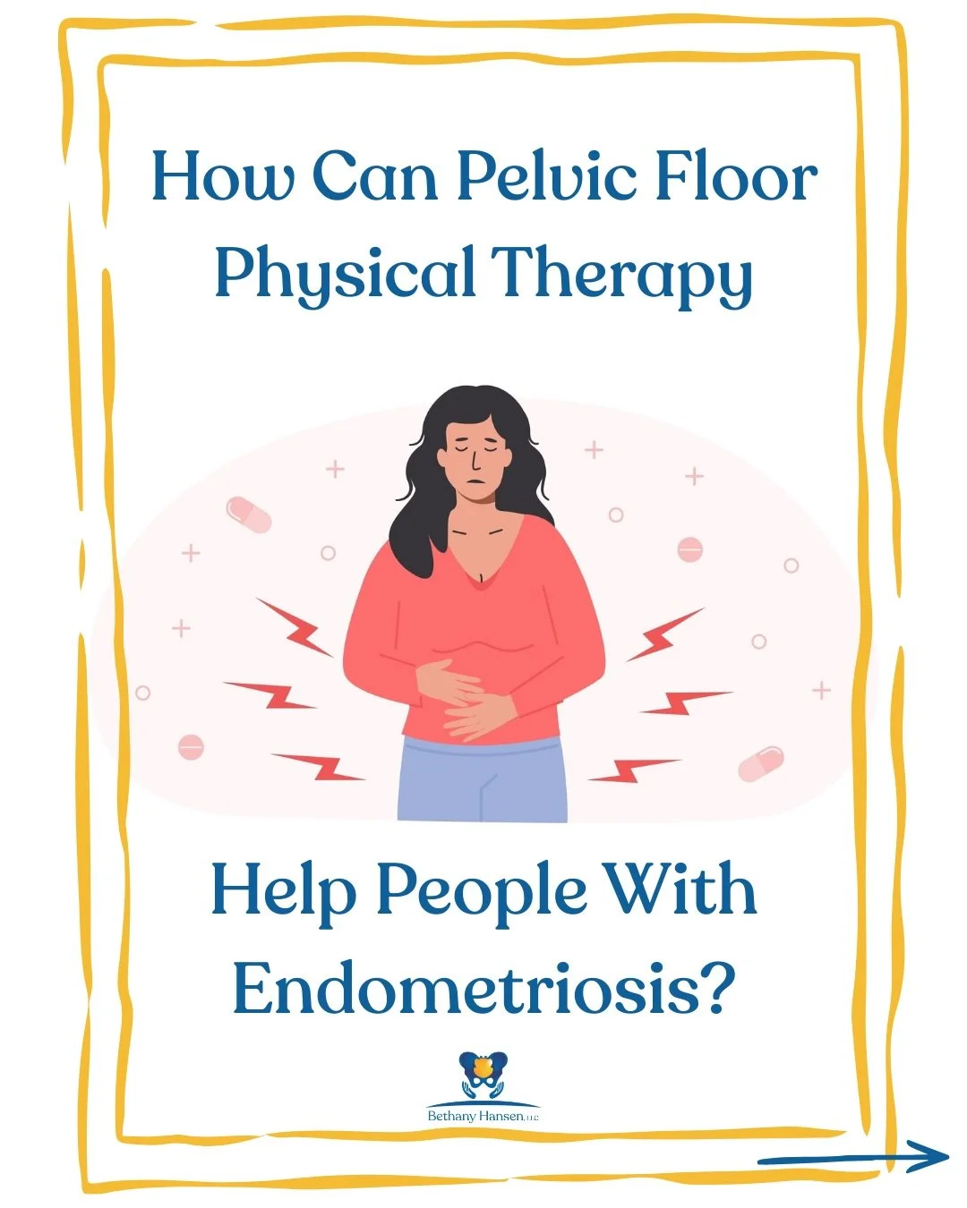 💛Pelvic floor physical therapy can help people with endometriosis in lots of ways!💛

🔹Education: what to know, what can help, how pain works in the brain, exercise and stretches, etc.

🔹Manual therapy: therapeutic touch!

🔹Referrals: who to see 