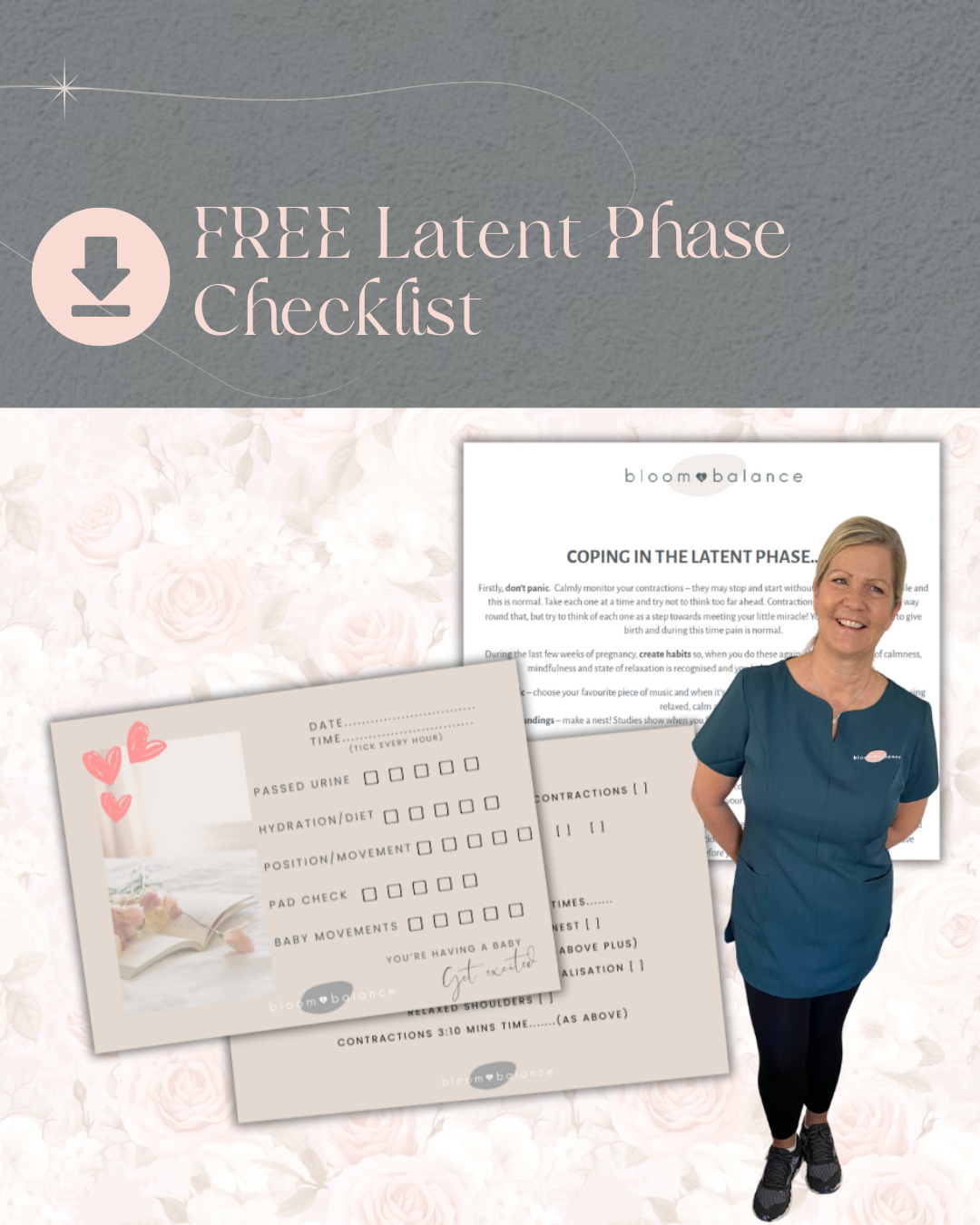 A promotional image for a free latent phase checklist, featuring a woman in an interview scrubs standing with hands on hips, a checklist form, and a document with information about coping during the latent pregnancy phase, all set against a floral background.