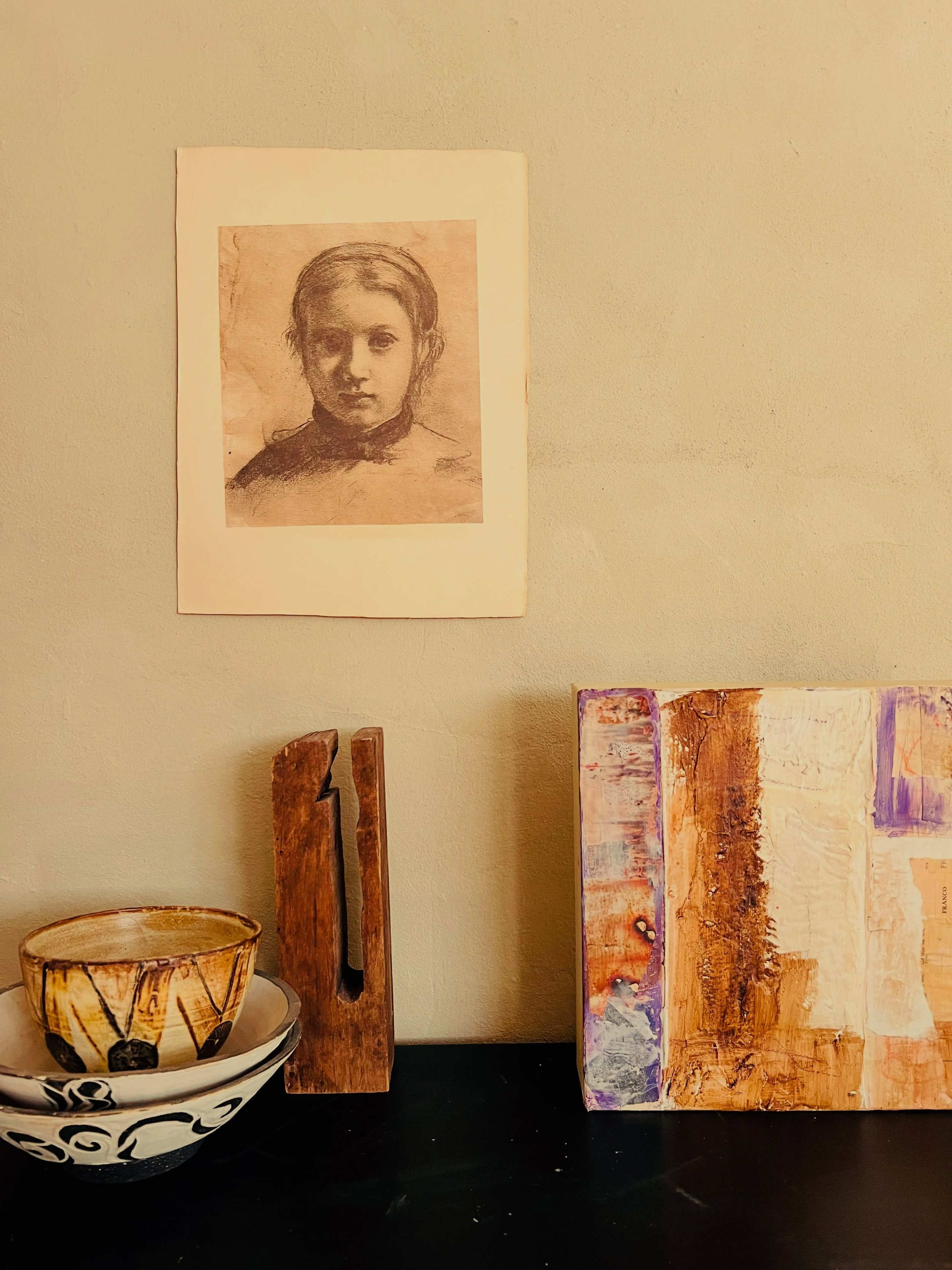SUNDAY VIBES 

The corners of my home that make me happy&hellip; my pottery and collage next to a piece of a wine press and an illustration found in my late aunt&rsquo;s home

A sweet mirror we found in a little shop in Nice for a bathroom in our BNB