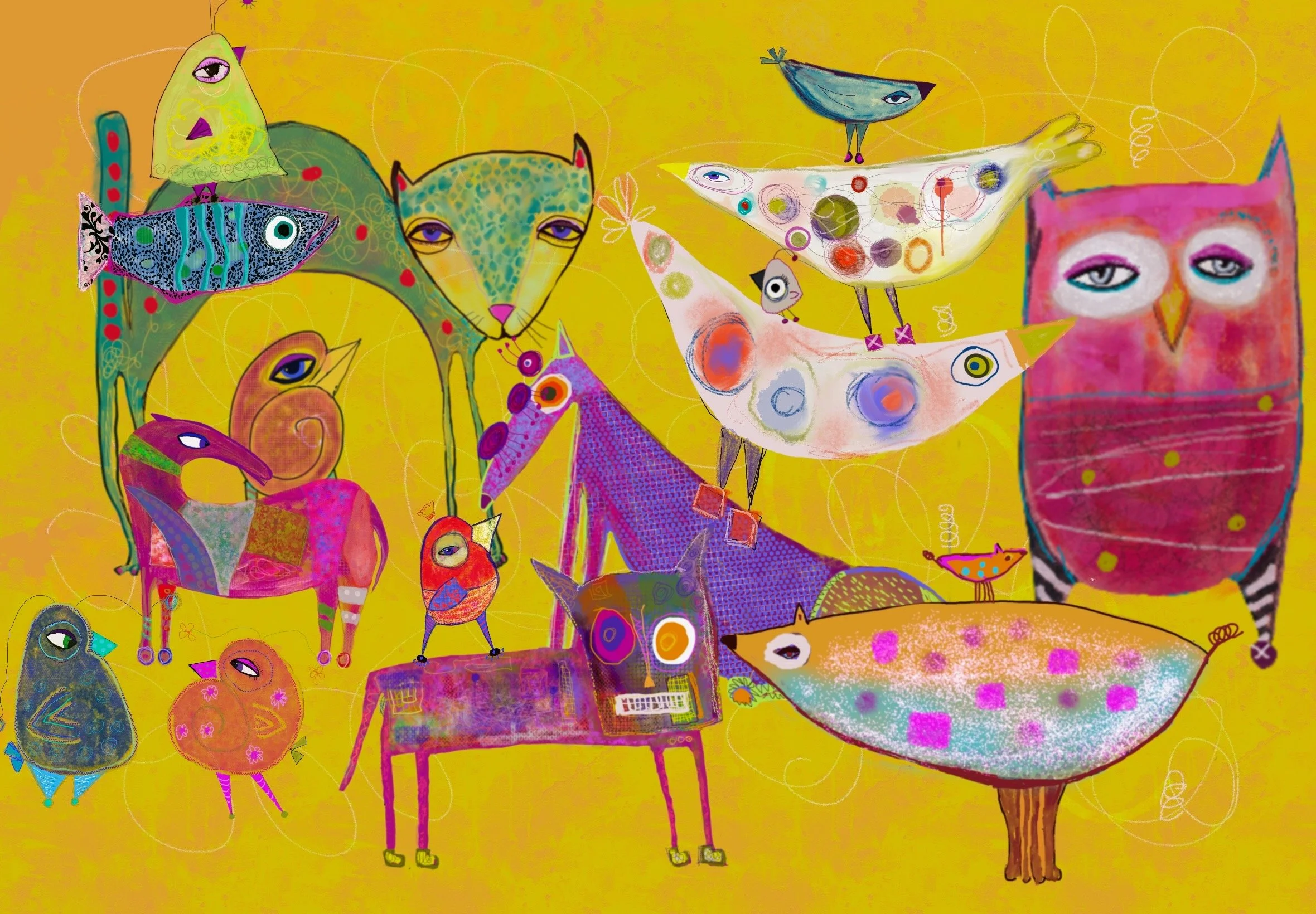 Colorful abstract artwork featuring various animal-like creatures with vibrant patterns and expressive eyes, set against a yellow background.