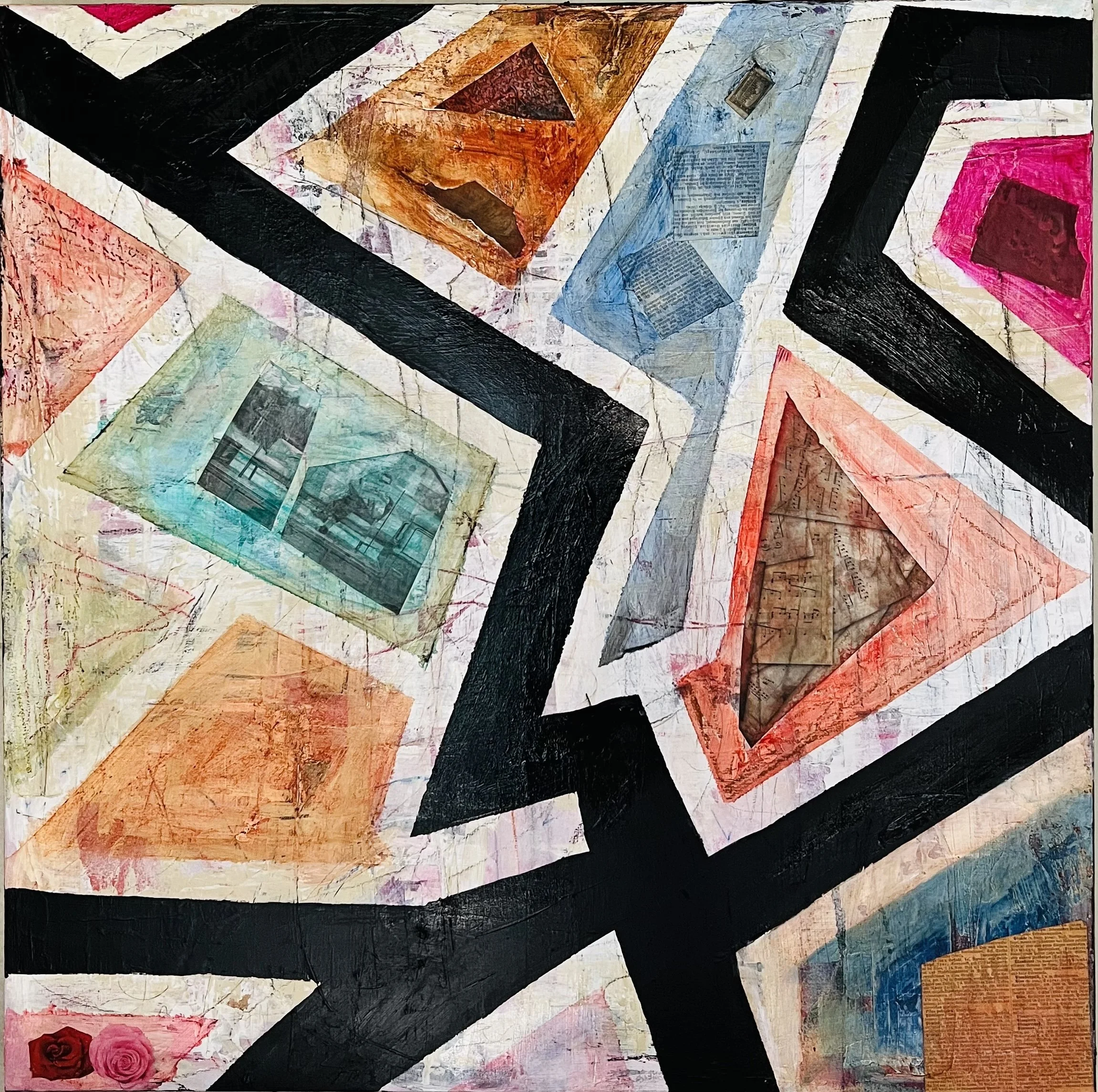 Abstract mixed media artwork with geometric shapes and textured layers, including painted triangles and rectangles in various colors overlaid with paper clippings.