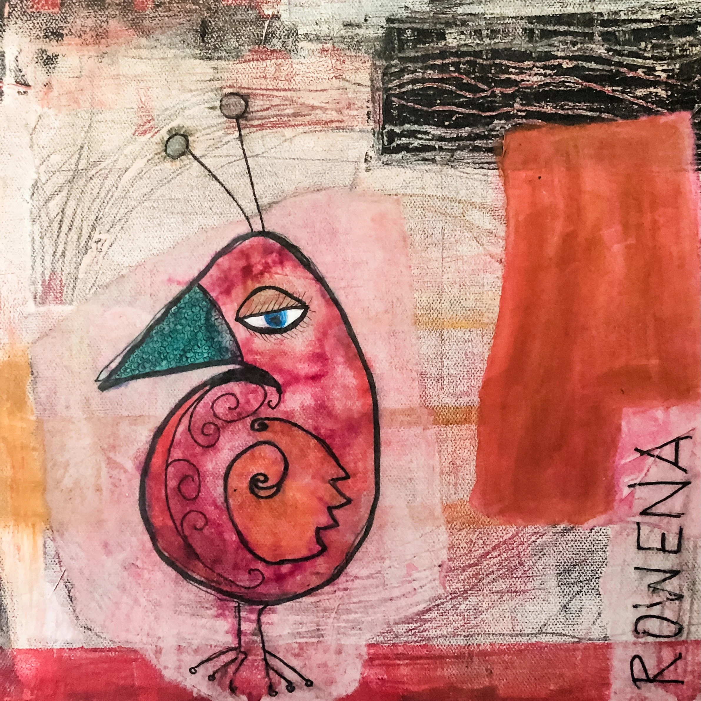 Abstract watercolor painting of a bird with a pink body, green beak, and blue eye, against a colorful background with the word 'REMIX' written in black on the right side.