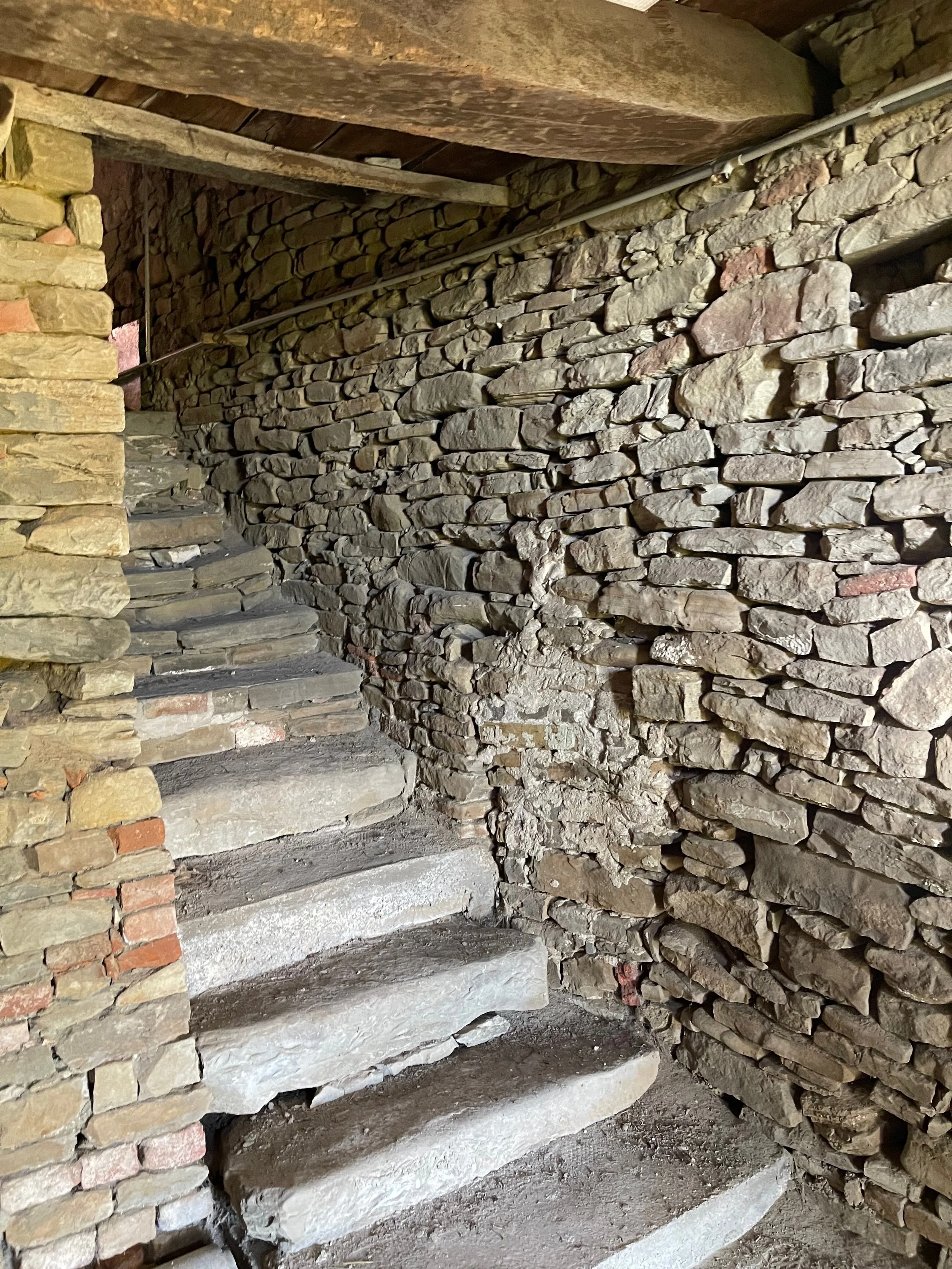 Stone staircase with rough stone walls surrounding it, inside a rustic or historic building.
