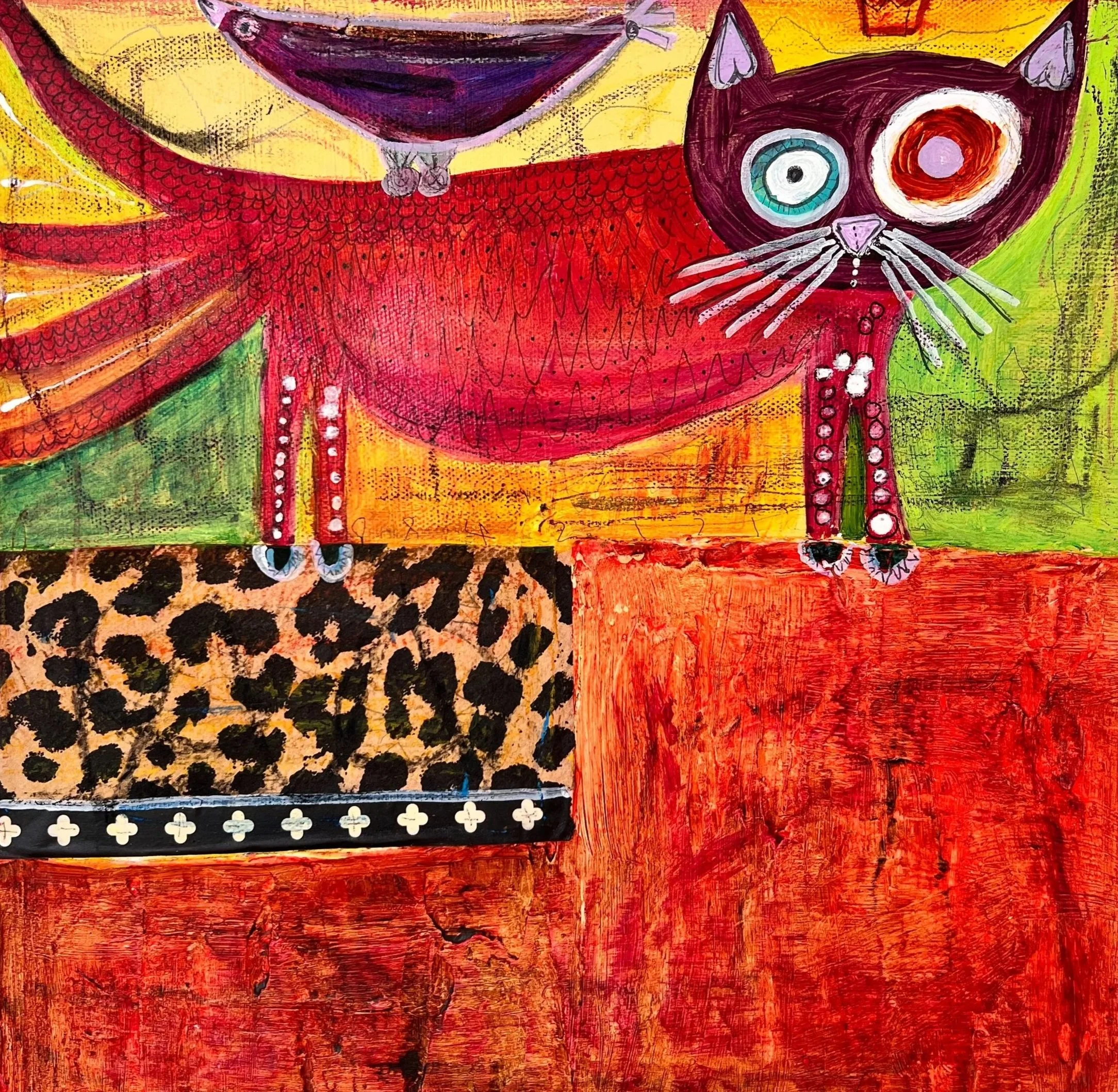 Colorful abstract painting of a whimsical red cat with heterochromatic eyes standing on a vibrant textured red background, with a leopard print area and yellow and green hues in the background.