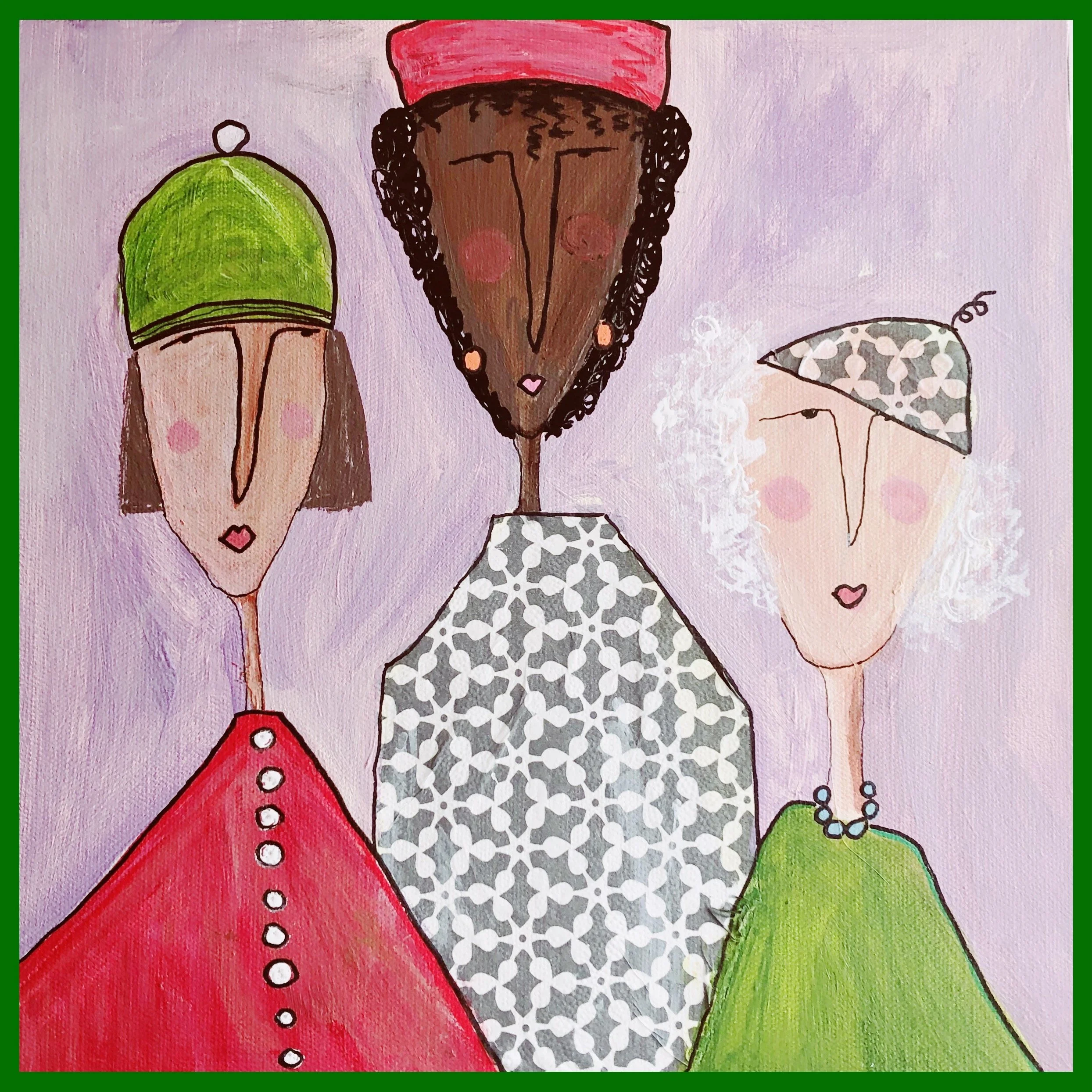 A whimsical illustration of three stylized women with elongated faces, rosy cheeks, and distinctive headwear against a purple background. The woman on the left wears a green hat and a red dress with white dots. The central woman has a brown skin tone, curly black hair with a pink hat, and a patterned gray and white top. The woman on the right has a pale skin tone, a gray patterned hat, and a green dress with a beaded necklace.