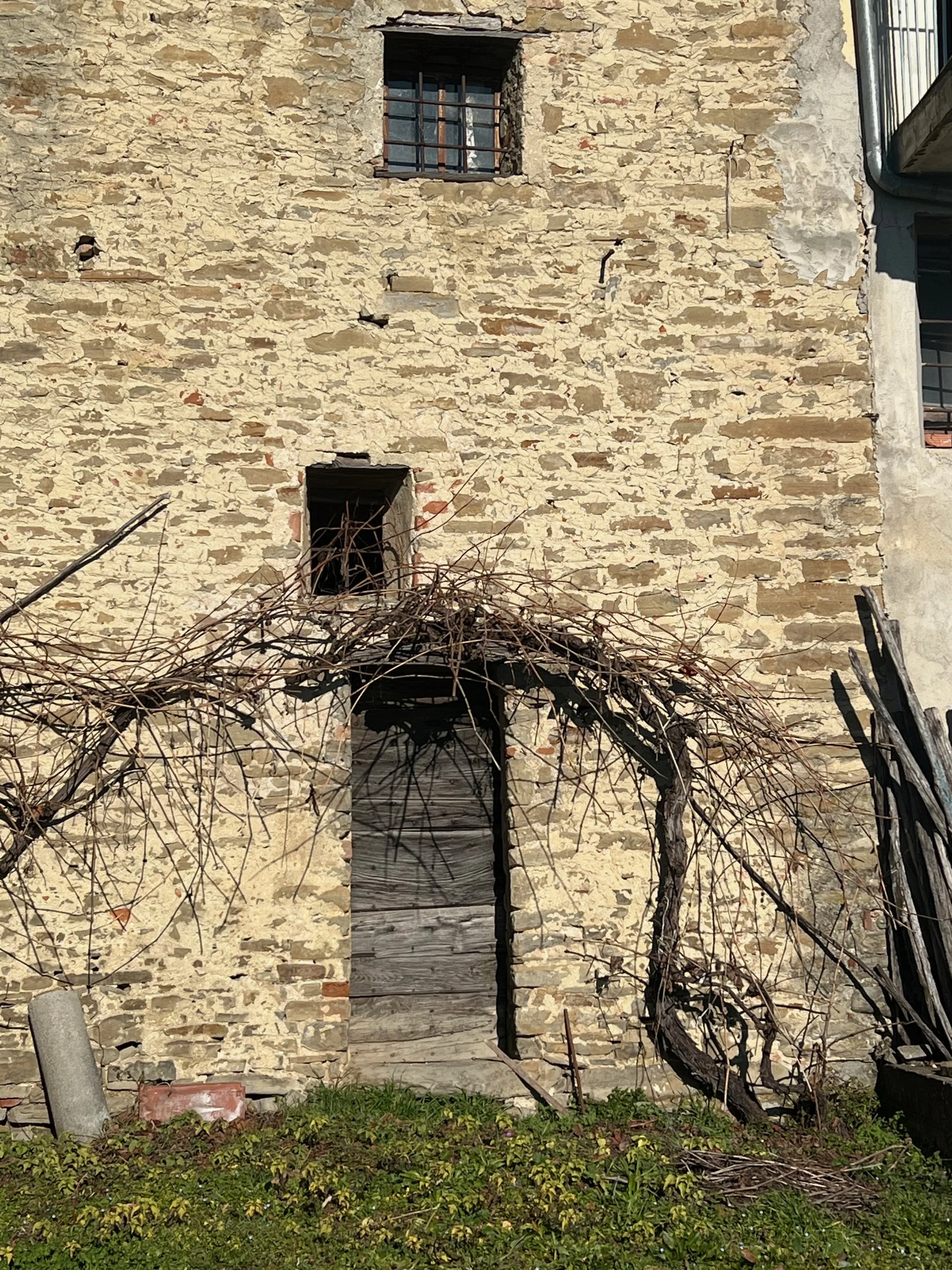 An old stone building with boarded-up door and windows, some of which are barred. Vines and plant growth are present on the building and ground.