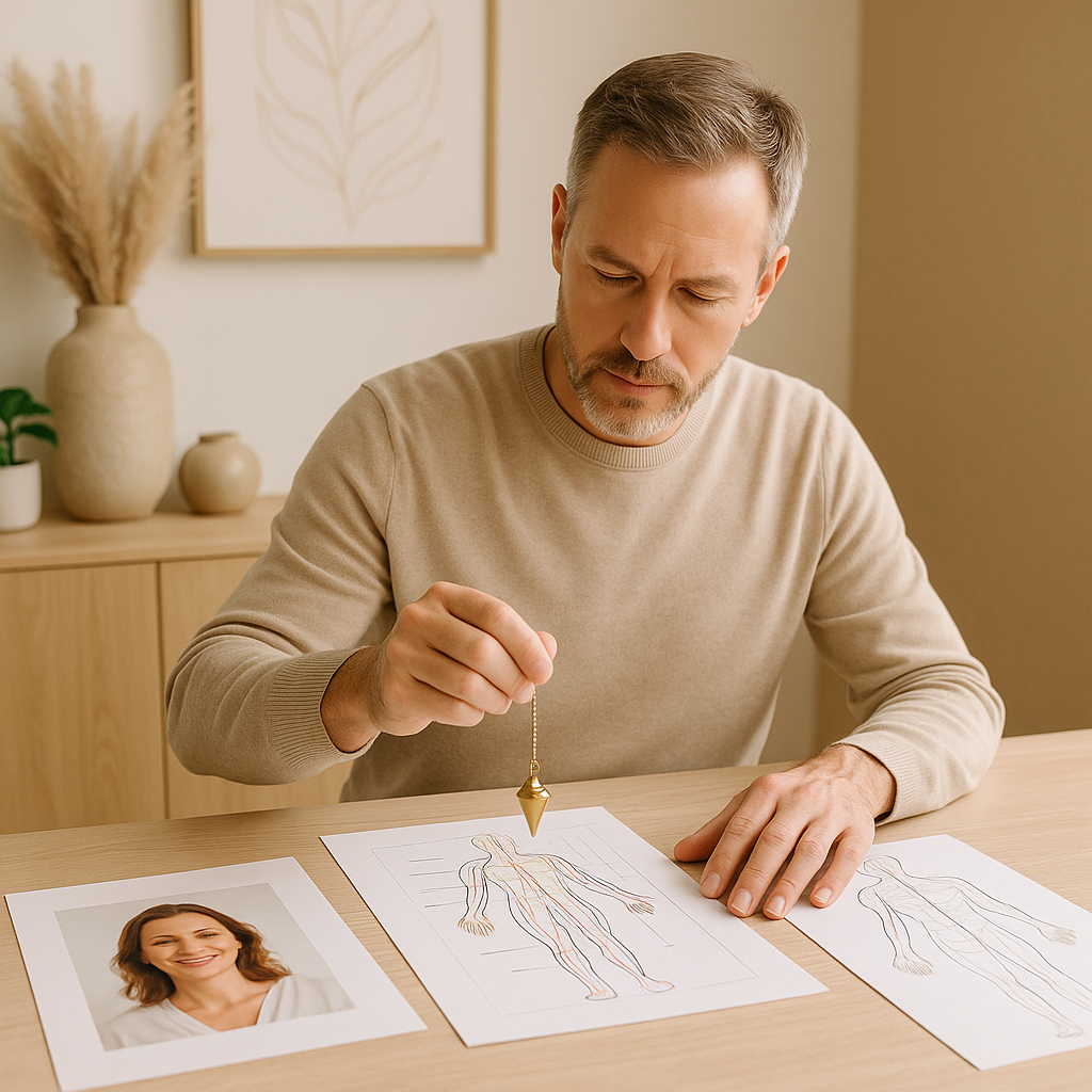 Un homme consulte des diagrammes du corps humain avec une photo d'une femme sur la table.