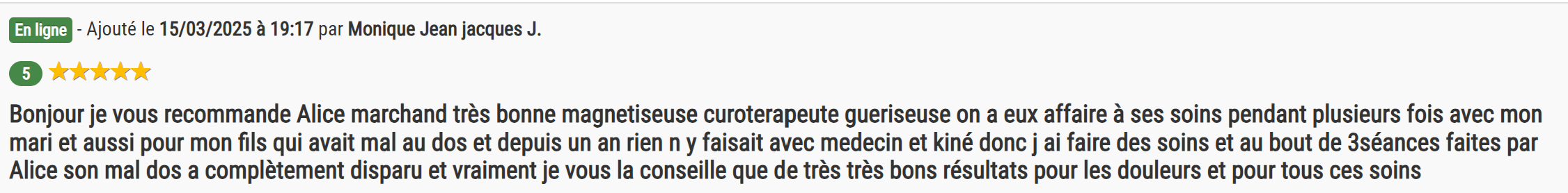 Avis d'une cliente recommandant une masseuse sur un site d'évaluation en ligne.