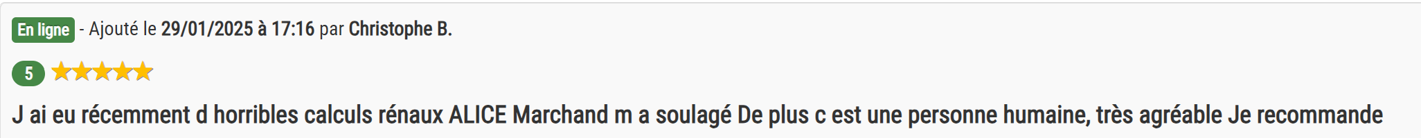 Une capture d'écran d'une page d'avis en ligne avec une note de cinq étoiles, un commentaire en français louant la compétence d'une personne nommée Alice Marchand.