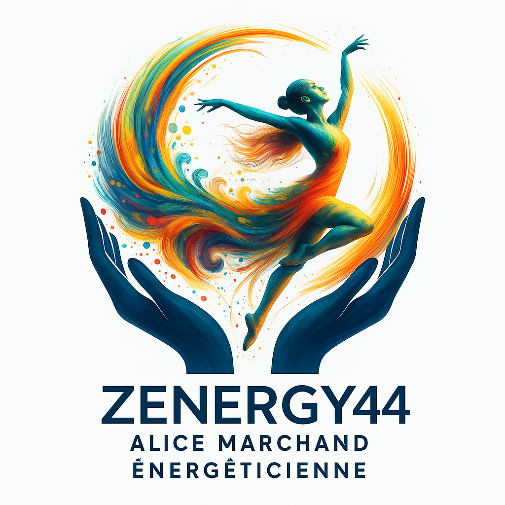 Une femme dans une pose de danse, entourée d'une traînée de couleurs vives comme le orange, le jaune, le bleu et le vert, émanant d'une main ouverte stylisée. Texte : ZENERGY44, Alice Marchand, Énergéticienne.