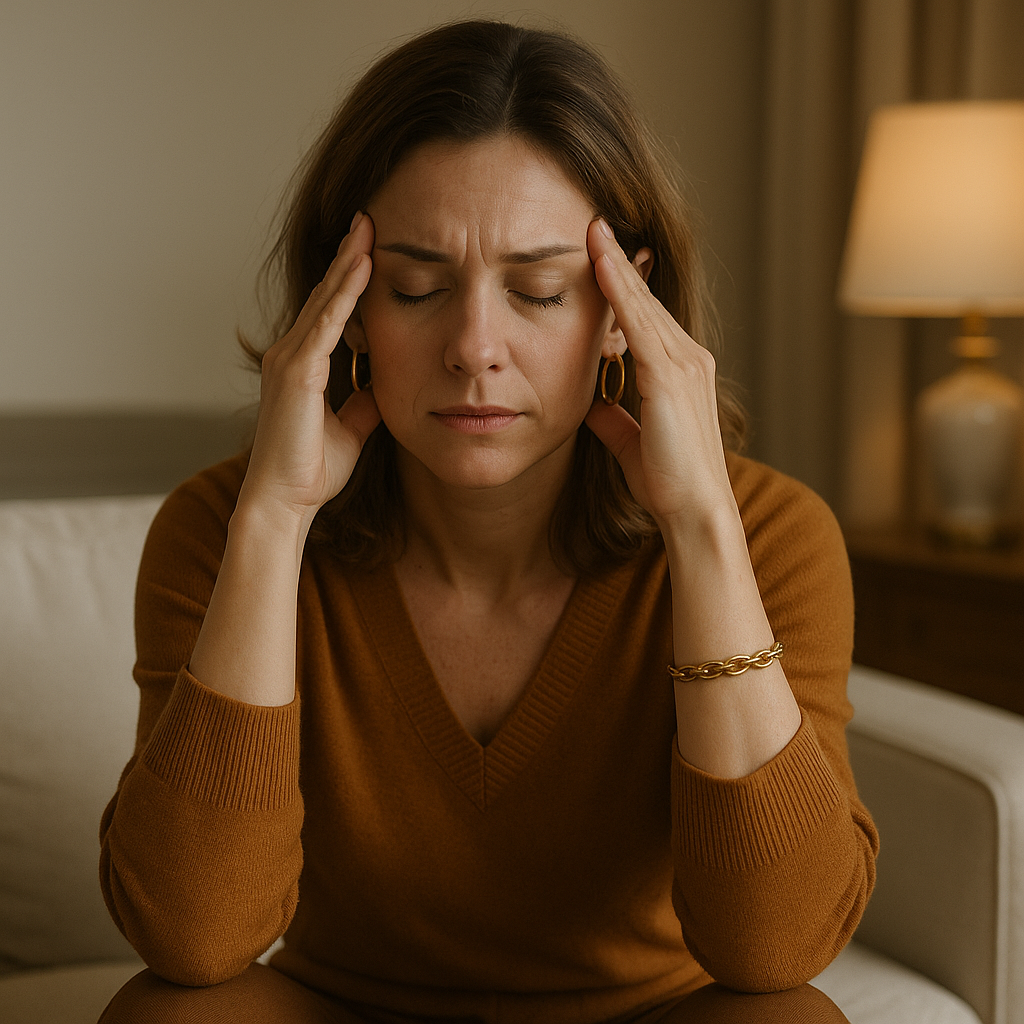 Femme avec expression de douleur ou de mal de tête, tenant sa tête avec les mains dans une pièce chaleureuse