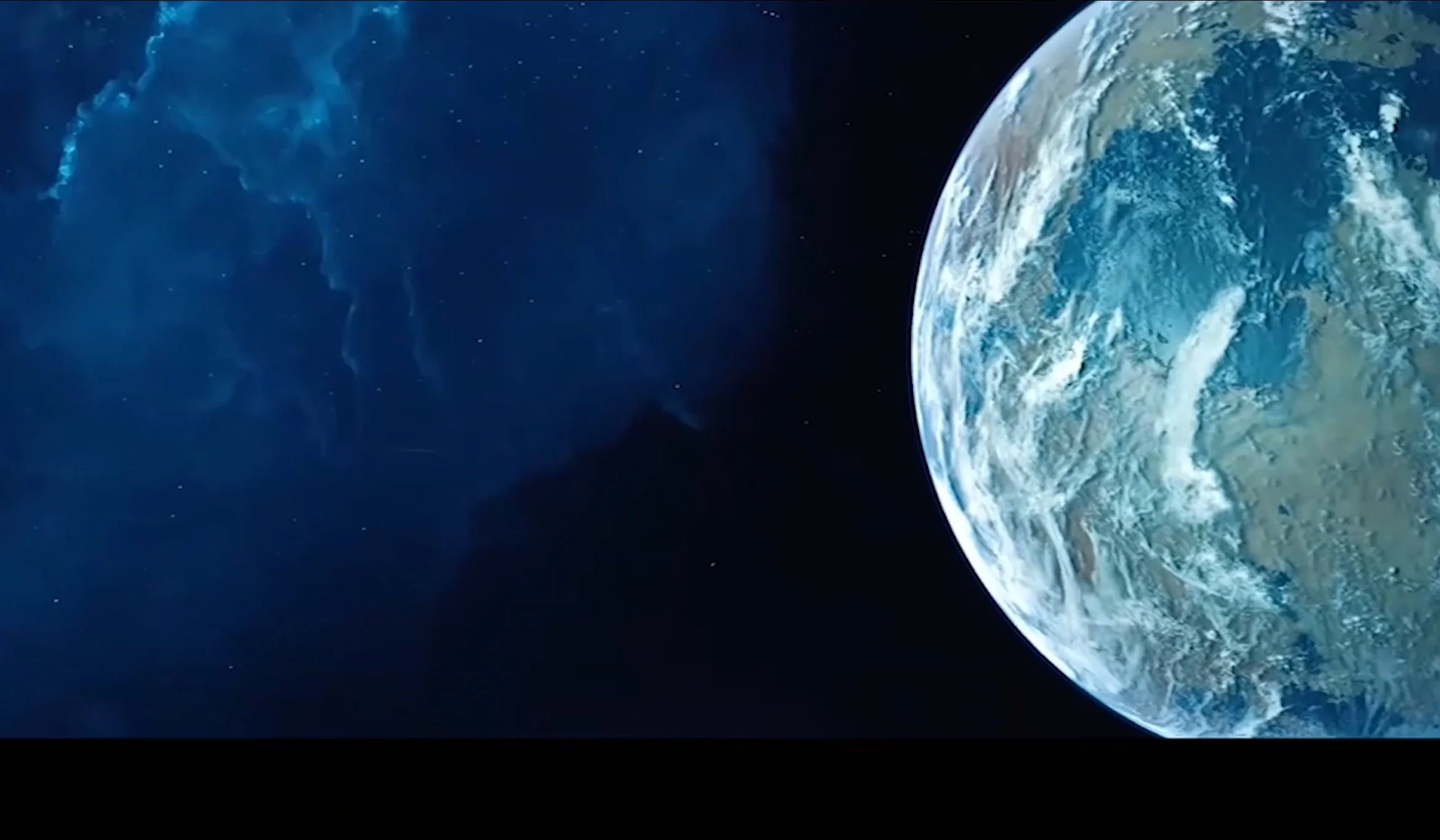 Image de la planète Terre vue de l'espace, avec la moitié de la planète visible et des nuages blancs, entourée d'un fond noir avec quelques étoiles.