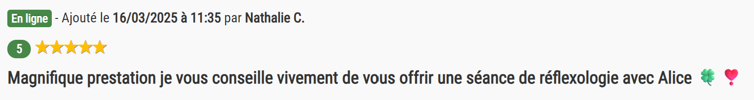 Capture d'écran d'une critique en ligne avec des étoiles, mentions colorées et un texte en français.