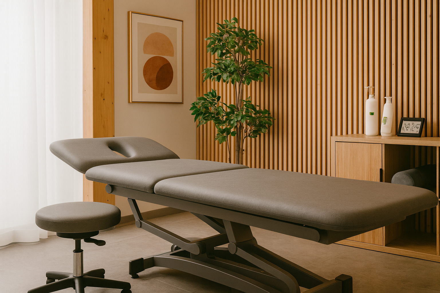 Salle de massage avec table de massage grise, tabouret d'appoint gris, plante verte, cadre d'art abstrait dans une pièce chaleureuse