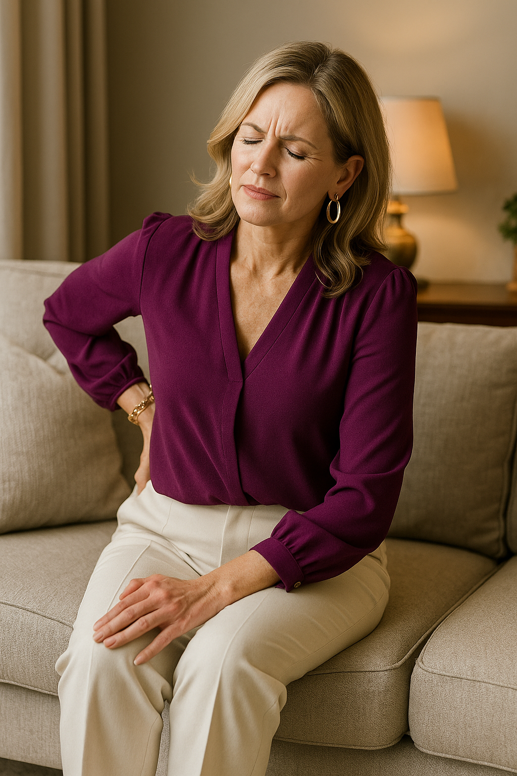 Femme d'âge moyen avec des cheveux blonds, portant un chemisier violet et un pantalon beige, assise sur un canapé beige dans un salon, ayant l'air de souffrir ou de ressentir une douleur, avec une lampe de table allumée et des rideaux en arrière-plan.