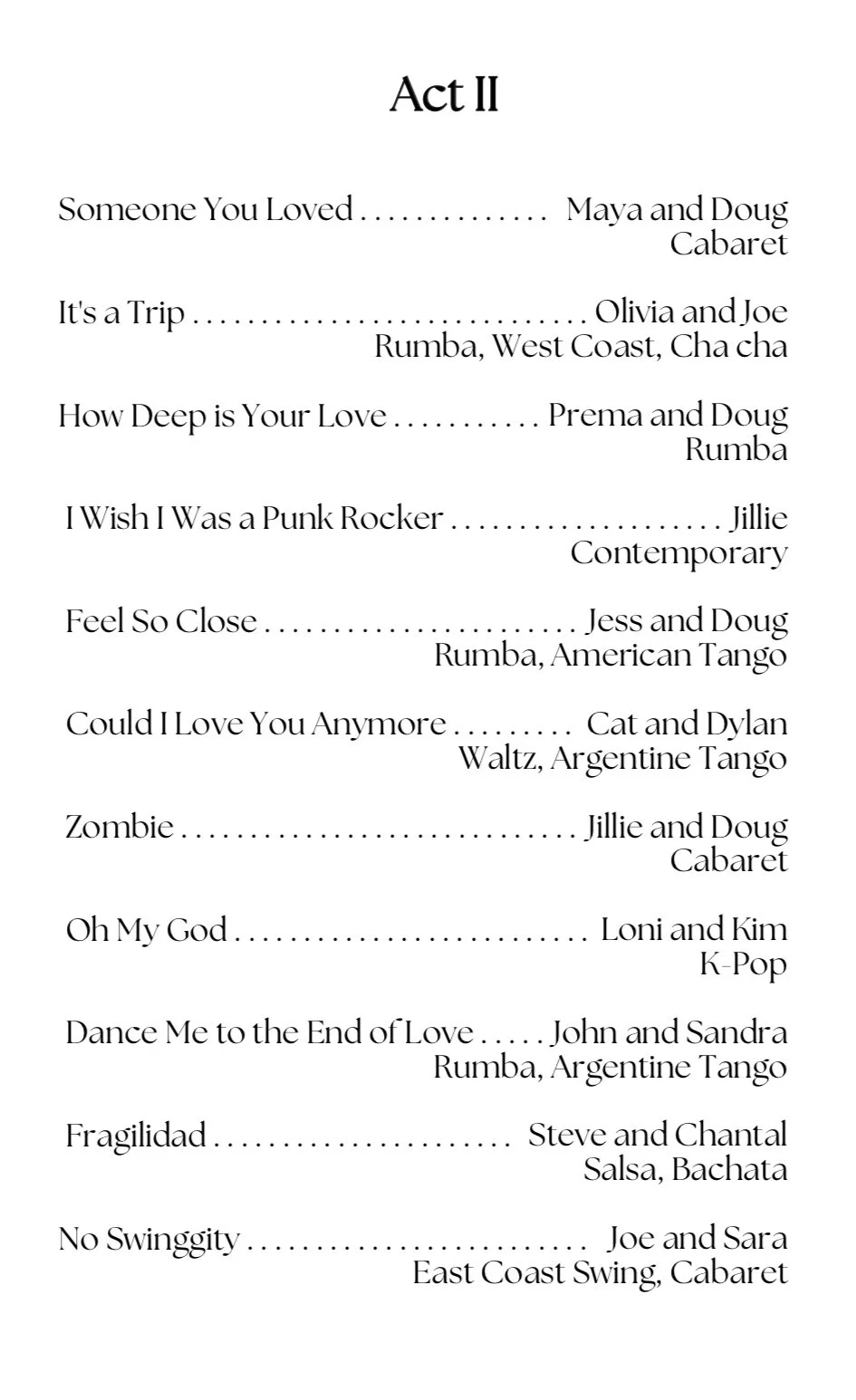 Schedule for Act II of a performance or event, listing various song titles, performers, and dance styles.