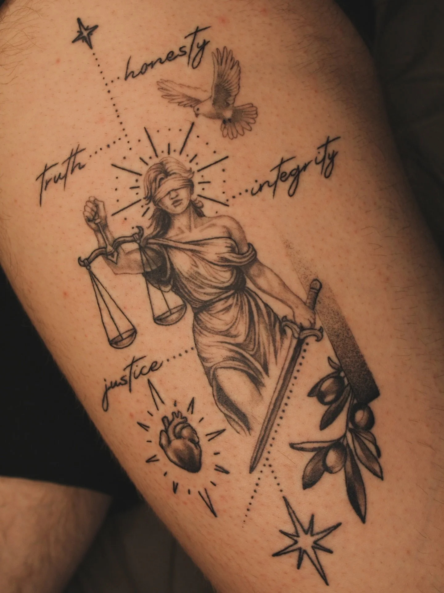 Love when clients go big for their first tattoo. About 4 weeks healed with a few small touch ups, thanks @gavin_hofman !

 #inkbyjimbo #loversperiltattoo #stratfordontario #ladyjusticetattoo #realismtattoo