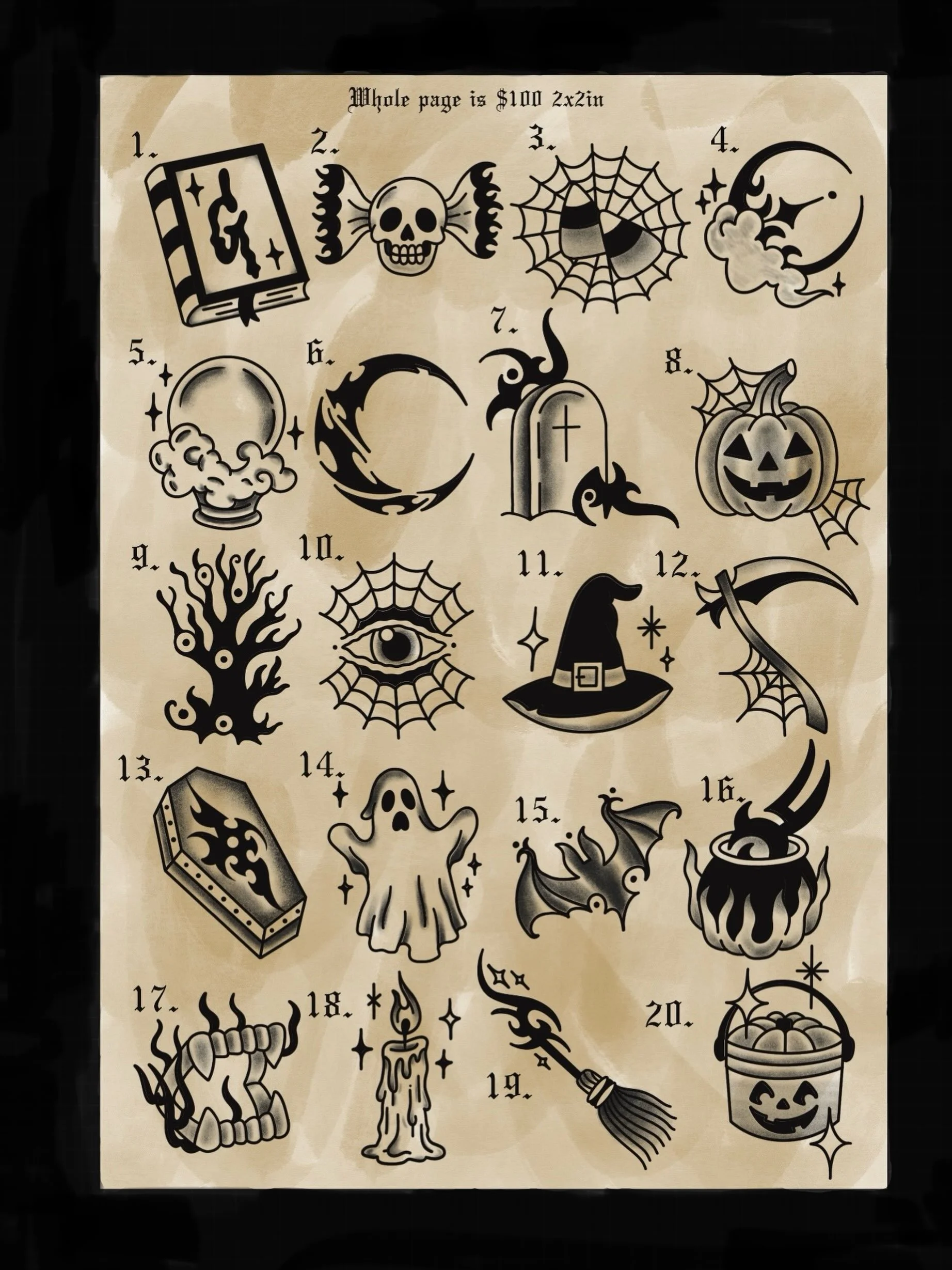 Made this sheet as part of our shops Halloween flash special🎃 
20 designs $100 each- all approximately 2x2in in size available in black &amp; grey 
 
Pick a design or if you can&rsquo;t decide take a gamble with our get what you get machine👹

DM AS