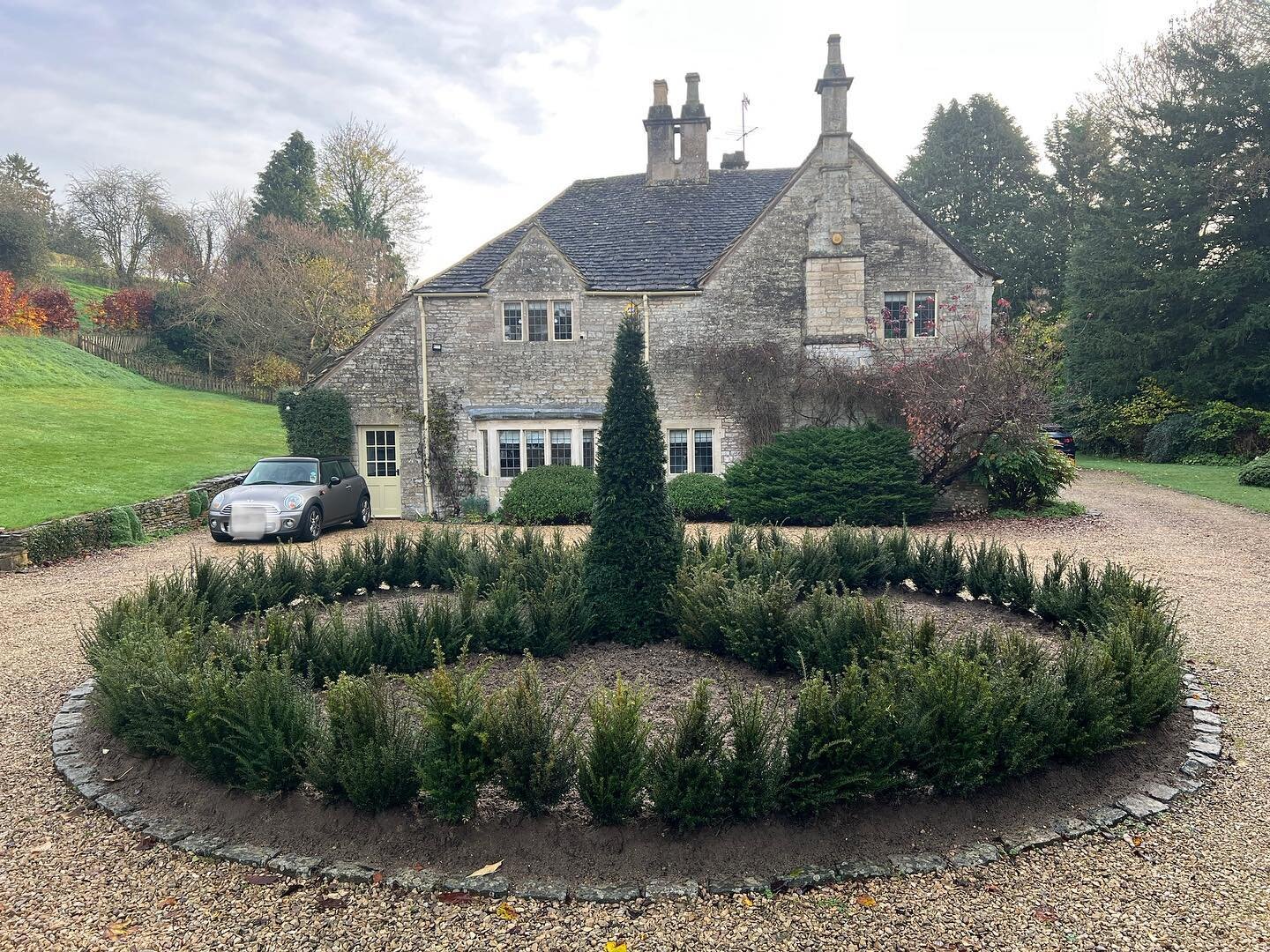 Despite the driving rain on Monday, we planted up this island with the Yew topiary cone and surrounding hedge. The area has been known to flood hence planting higher up and with a lot of gravel installed to aid drainage. The infill planting will be d