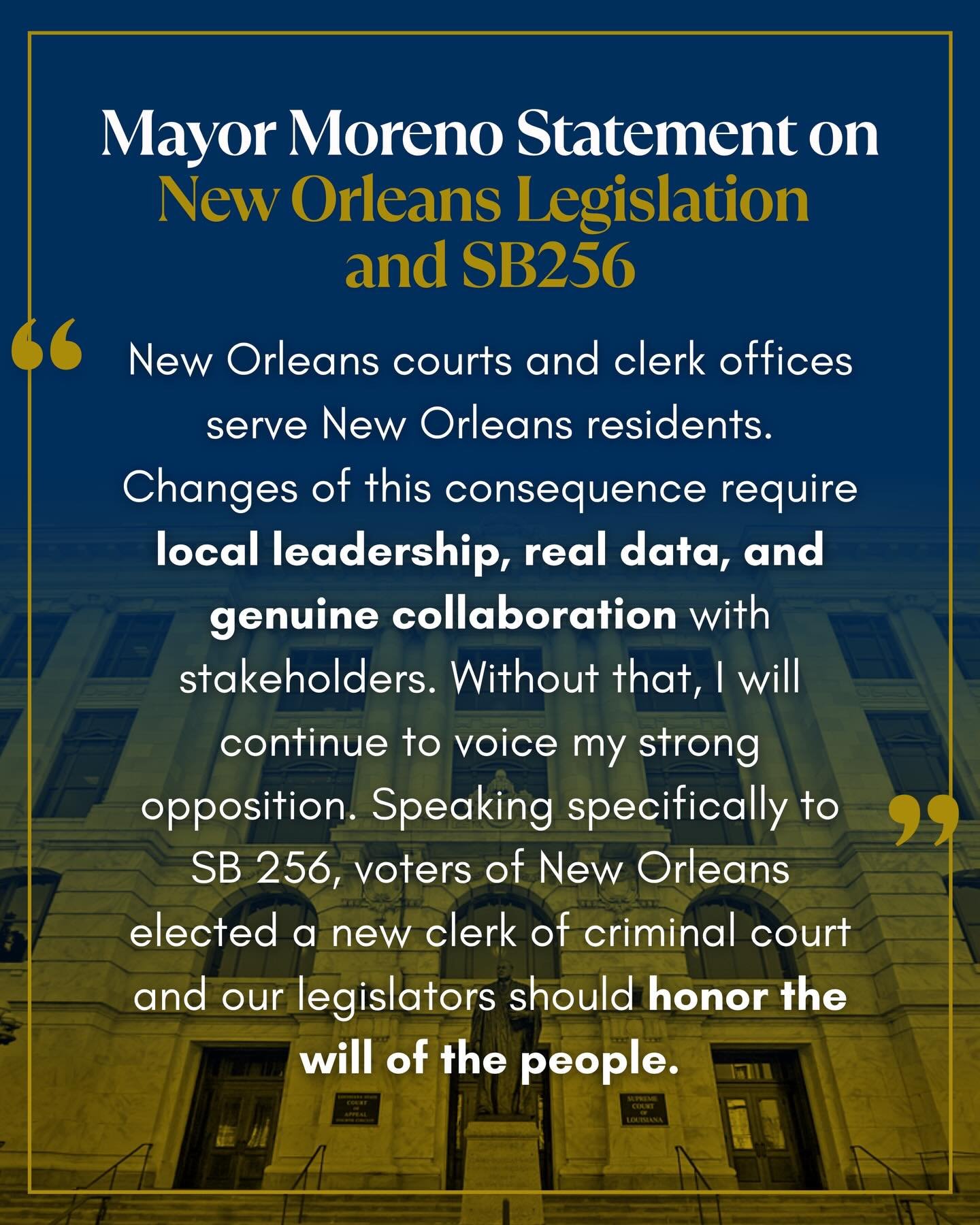 I continue to be opposed to SB 256 and the other judiciary bills impacting New Orleans due to the lack of real data and local stakeholder input. SB 256 to consolidate clerks offices is on the Senator floor today.