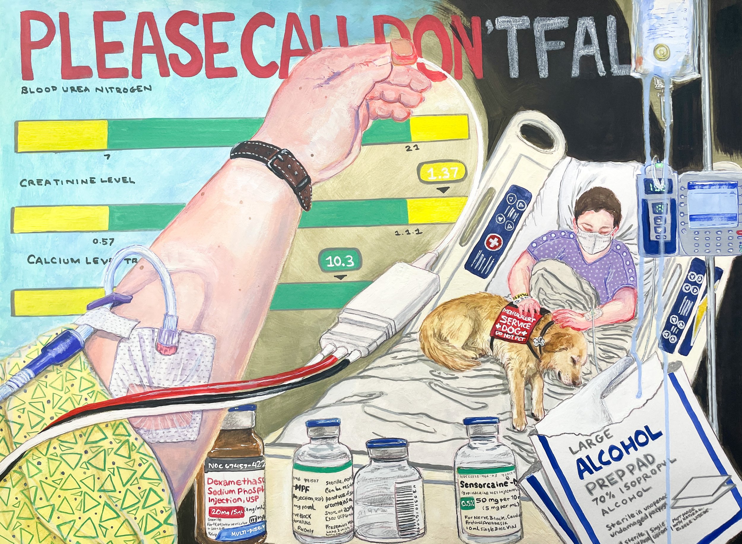 A painting on paper w/ a collage of images: test results in the background, an arm w/ an IV placed and EKG wires, various medicine vials, alcohol prep pads, Ashley in a hospital bed w/ her service dog on fluids, text: PLEASE CALL DON'T FALL