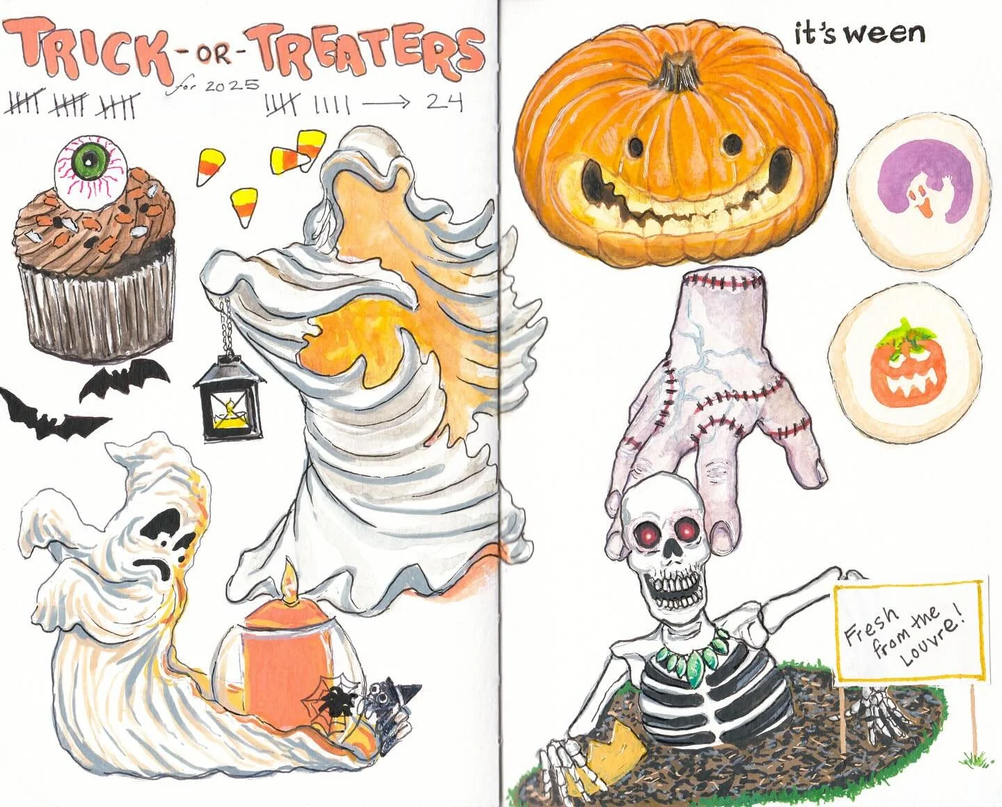 A bit late on sharing this, but this was the sketchbook spread I did between handing out candy on Halloween. We had a pretty rough go of things this year, and with me getting so sick from multiple infections and sepsis, we never ended up decorating (
