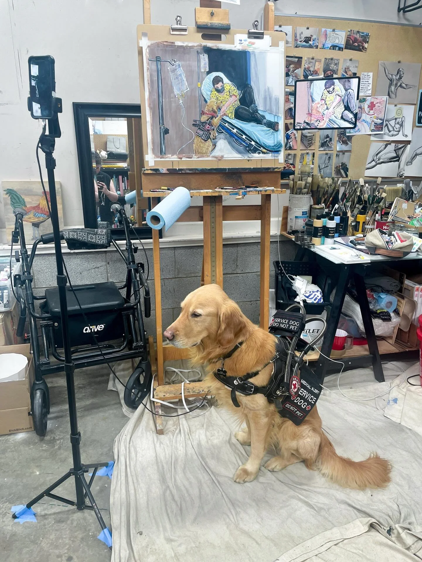 Had to bring a model into the studio today to consult for my painting. Thankfully he accepts biscuits and belly rubs payment.

accessibility: Rico, a golden retriever service dog, sits on top of drop cloths in front of a large wooden easel in Ashley&