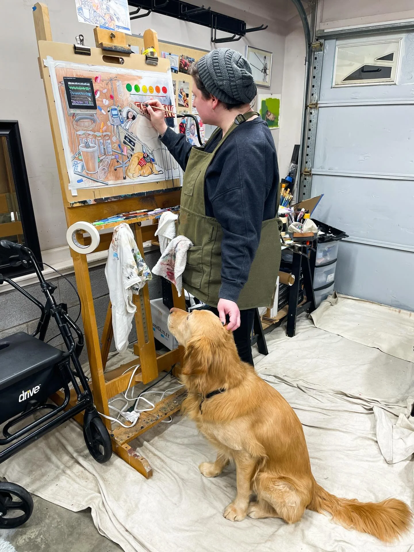 Working on my latest &ldquo;Catharsis&rdquo; painting, &ldquo;Sepsis,&rdquo; with my studio assistant and our second generation medical alert service dog, Rico the Yukon gold potato. The studio has been especially cold during the winter storms we&rsq