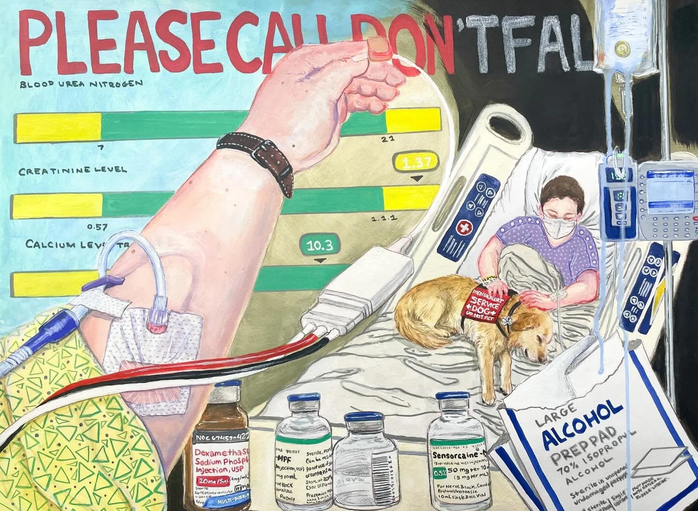 &ldquo;Please Call, Don&rsquo;t Fall&rdquo;
mixed media on paper 18&rdquo;x24&rdquo;
&nbsp;
This is a continuation of my ongoing painting series, &ldquo;Catharsis,&rdquo; where I document (and process) my journey through illness, disability, and surv