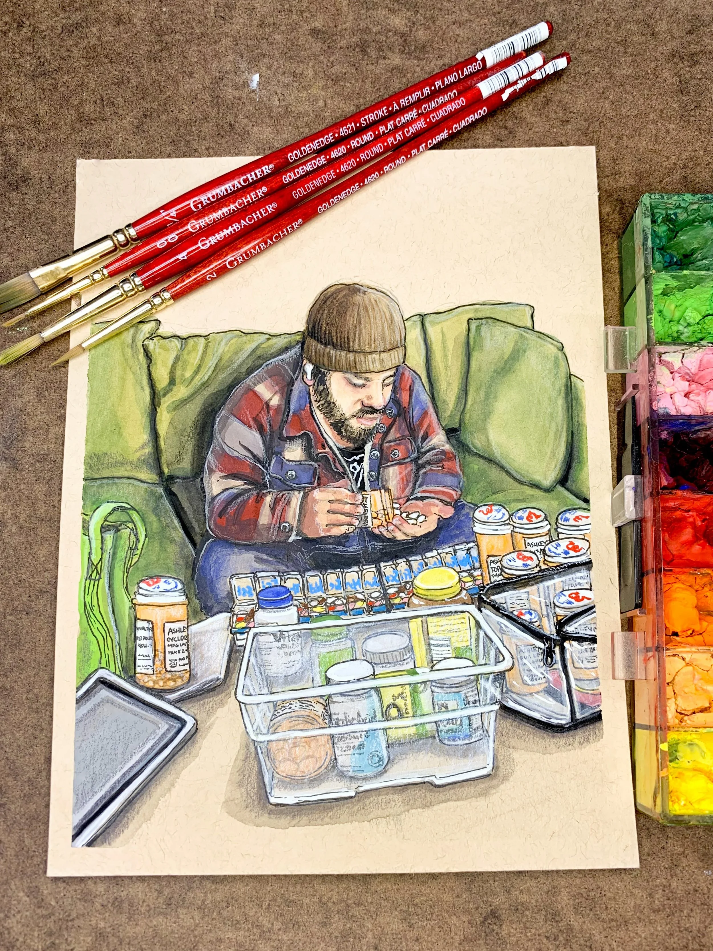 &ldquo;Biweeky Medication Refill&rdquo;
gouache and ink on toned paper, 6&rdquo;x8&rdquo;

This is a continuation of my ongoing painting series, &ldquo;Catharsis,&rdquo; where I document (and process) my journey through illness, disability, and survi