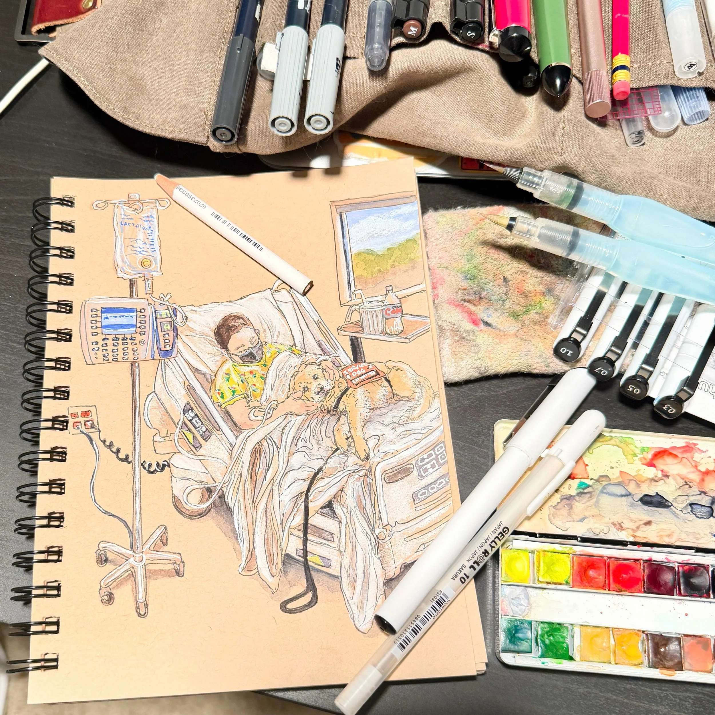 &ldquo;Hospital Companion&rdquo;
watercolor and ink on toned paper, 5.5&rdquo;x8.5&rdquo;

A little tribute to my golden ray of sunshine during a particularly difficult hospital stay.

accessibility: And overhead photo of a sketchbook of Strathmore t