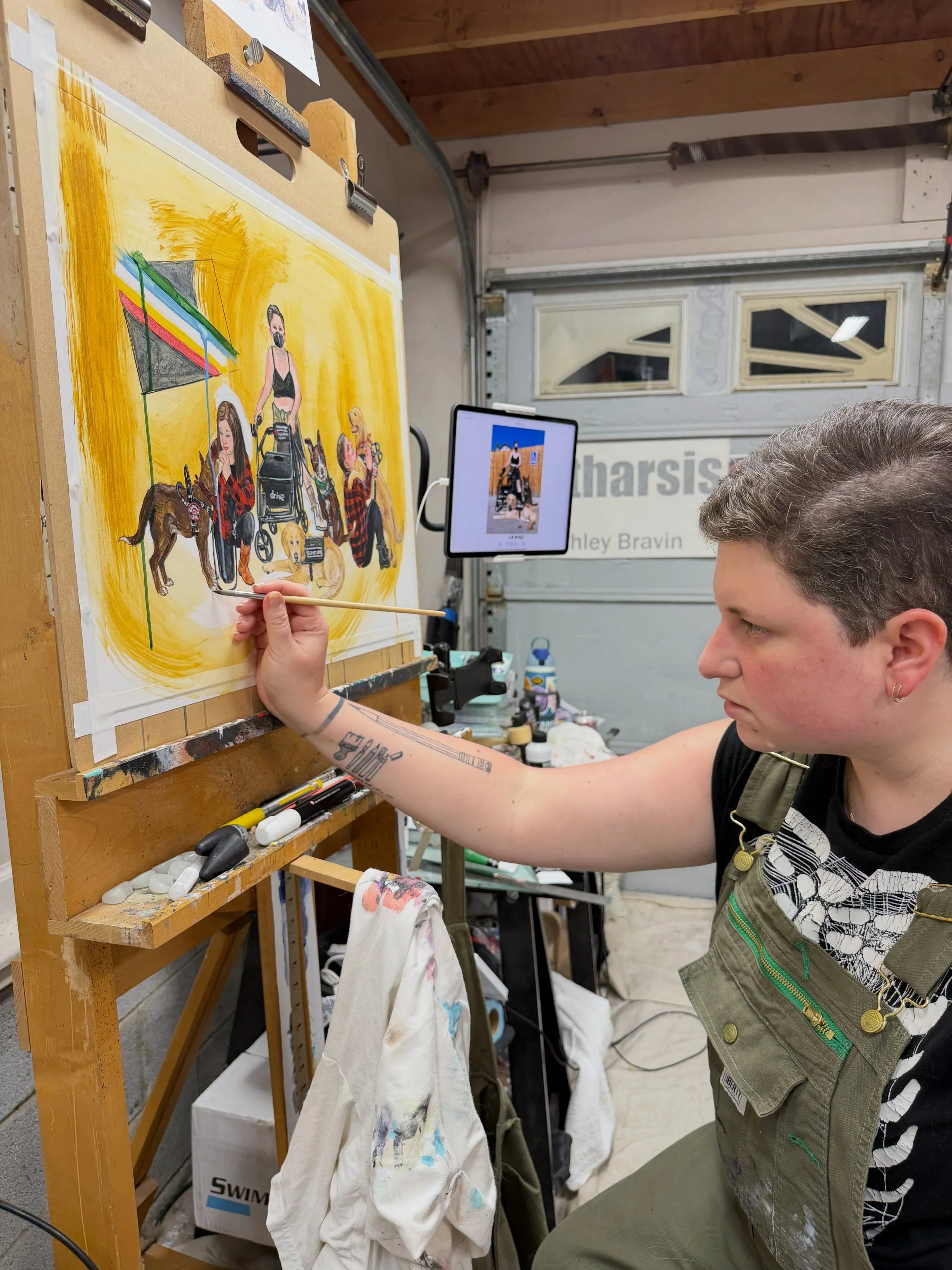 Another studio photo as I work on &ldquo;Disability Pride,&rdquo; the next piece in my painting series, &ldquo;Catharsis.&rdquo; This one is in celebration of Disability Pride Month, and celebrates my two wonderful service dogs that have been at my s