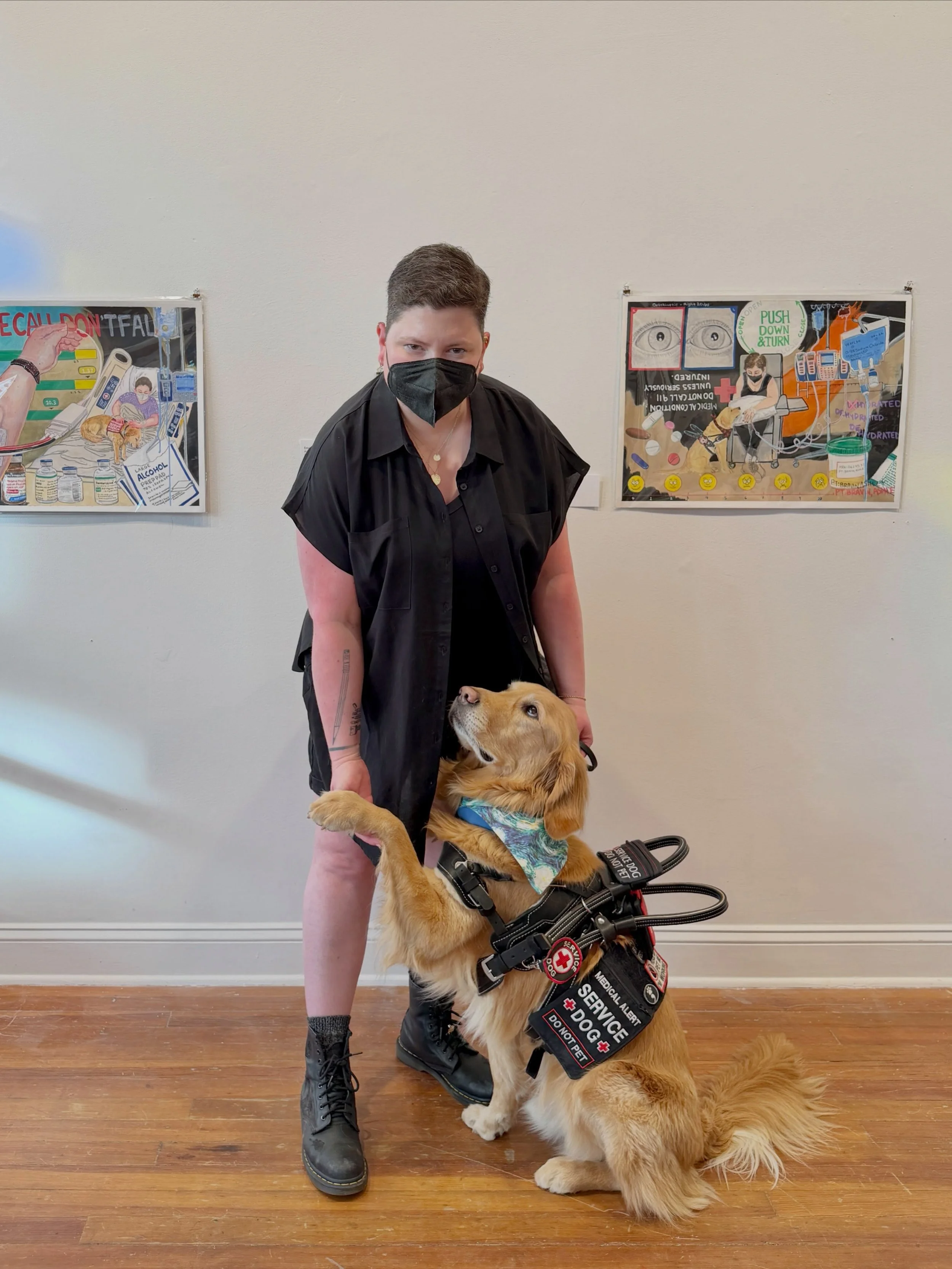 Join us for the closing of &ldquo;Cripping Art&rdquo; featuring  @frances_bukovsky, @diyabled,
@sky_star_studio, and myself at  @littleanimalsspace  on July 16th 5-7pm.

Guest performance by @kreamy_lectric_santa!

accessibility: Ashley stands in a g