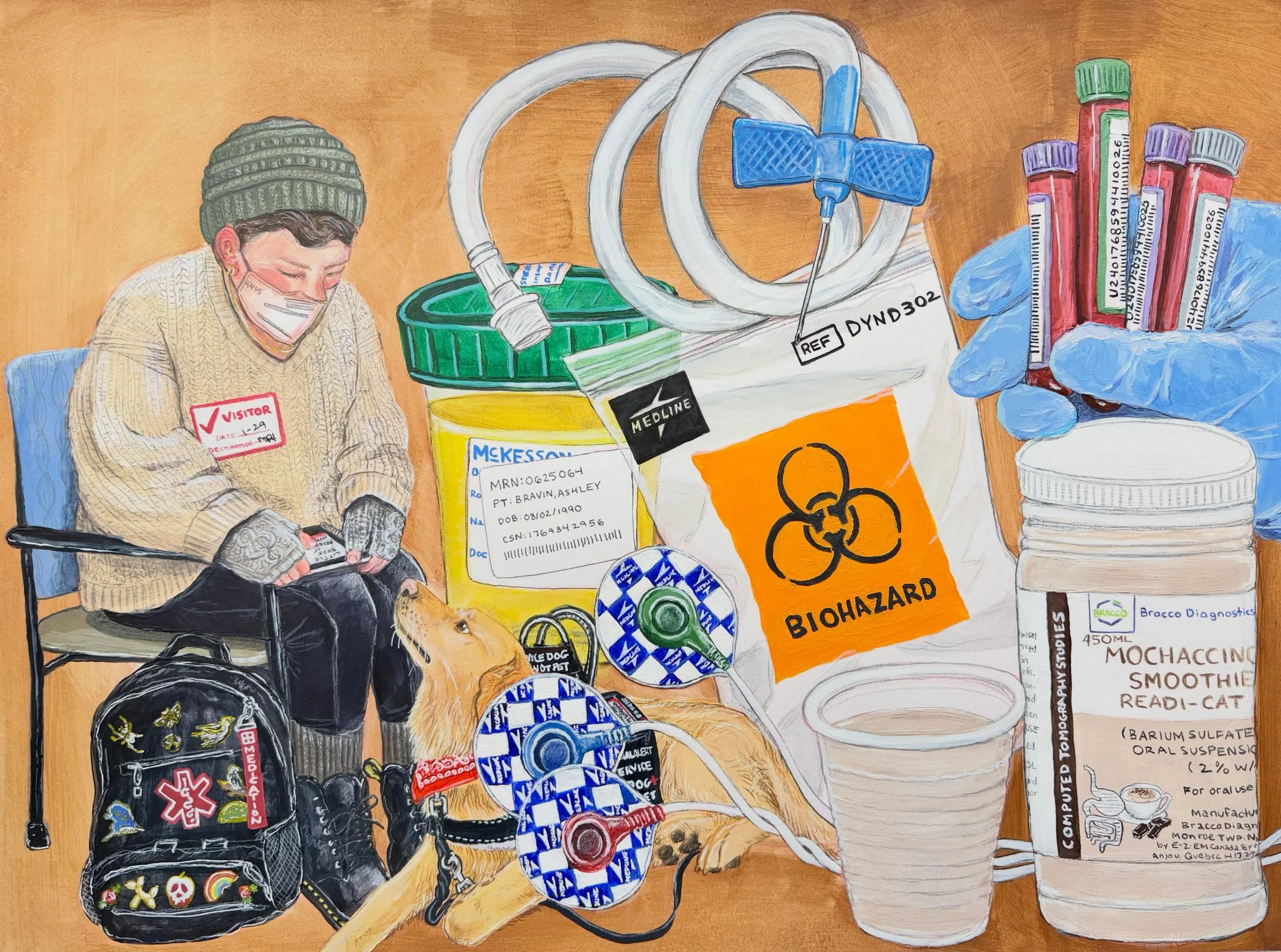 &ldquo;Testing 1, 2&rdquo;
mixed media on paper 18&rdquo;x24&rdquo;
&nbsp;
This is a continuation of my ongoing painting series, &ldquo;Catharsis,&rdquo; where I document (and process) my journey through illness, disability, and survival. Each piece 