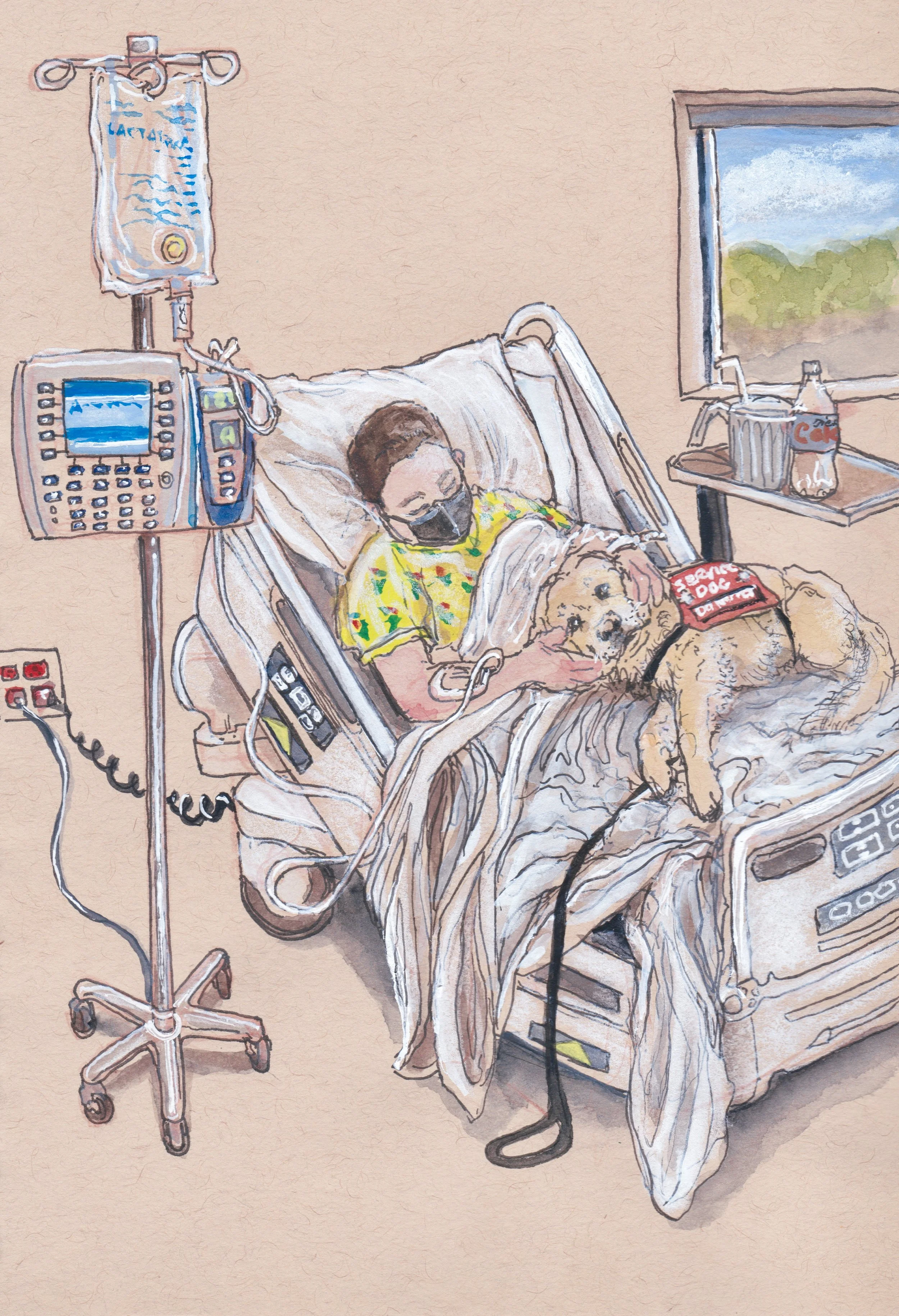 A painting of Ashley in a hospital bed wearing a yellow hospital gown and a black KN95 mask hooked up to an IV, with Rico, her golden retriever service dog, laid across her lap, wearing a red service dog vest. The piece is watercolor on toned paper.