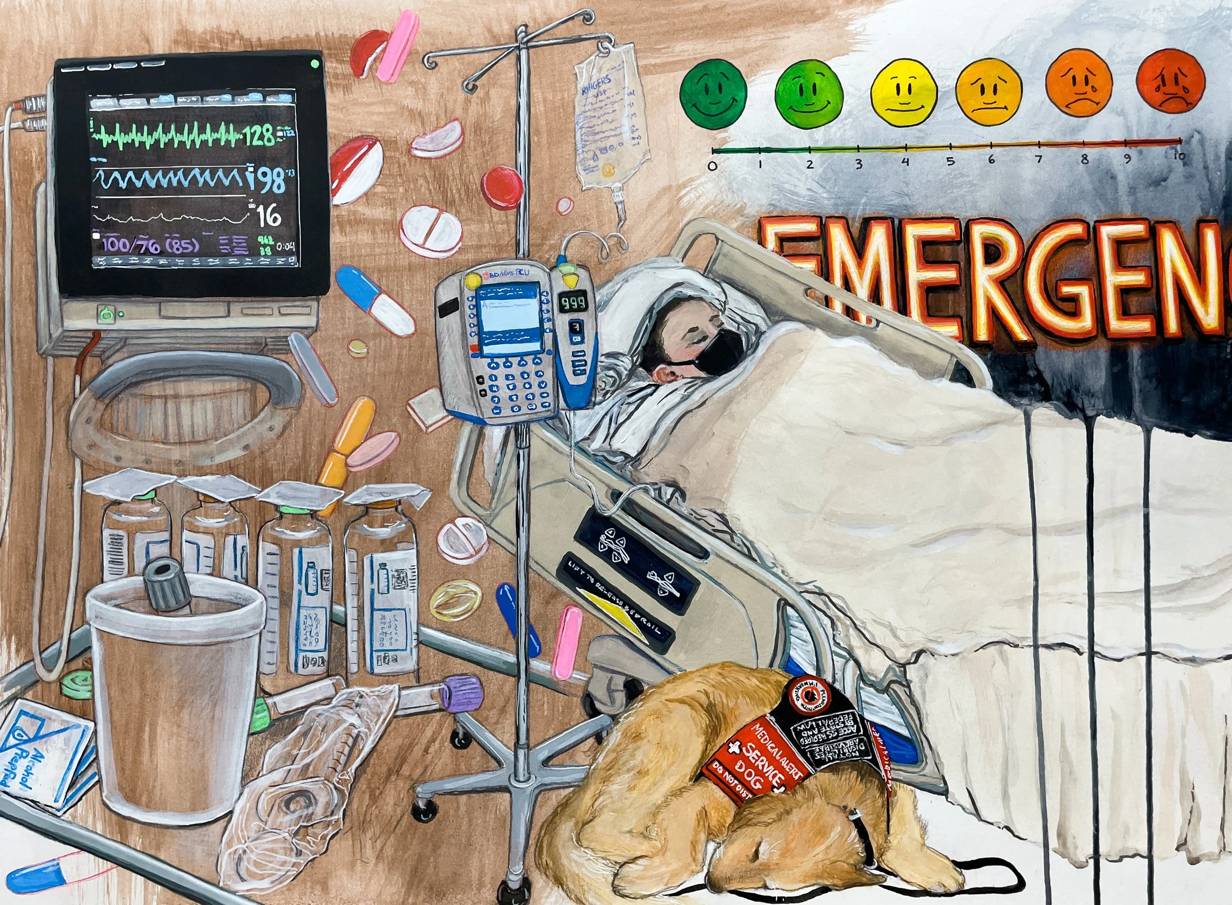 A mixed media painting on paper w/ a collage of medical images (a pain scale, monitor, pills, tray w/ vials, & neon EMERGENCY sign) w/ Ashley w/ a KN95 mask laid in a hospital bed w/ IV fluids, blankets on her head, & her service dog asleep her side.
