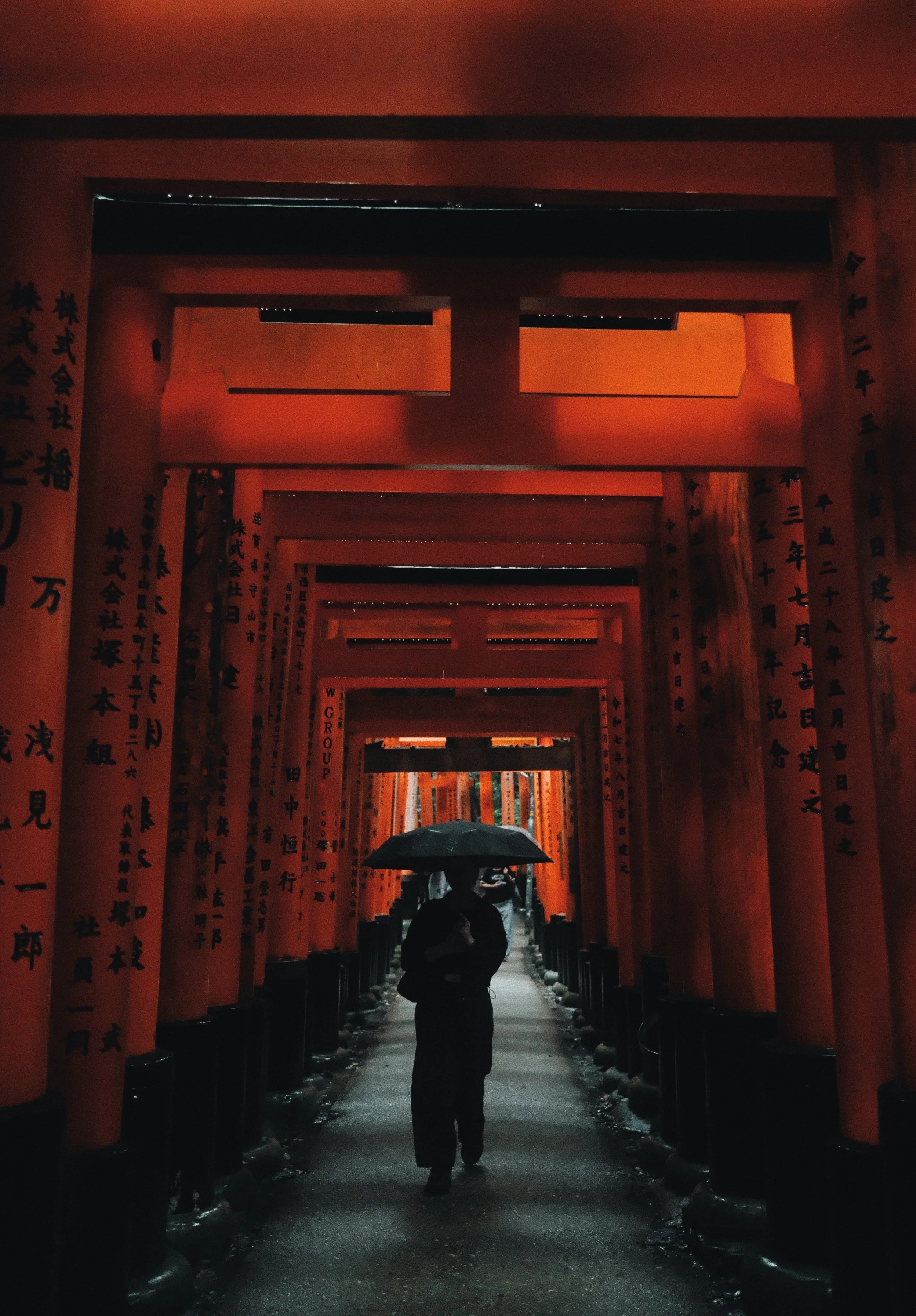 Person walking with an umbrella through the Torii gates at Fushimi Inari Shrine in Japan, during rainy weather.
